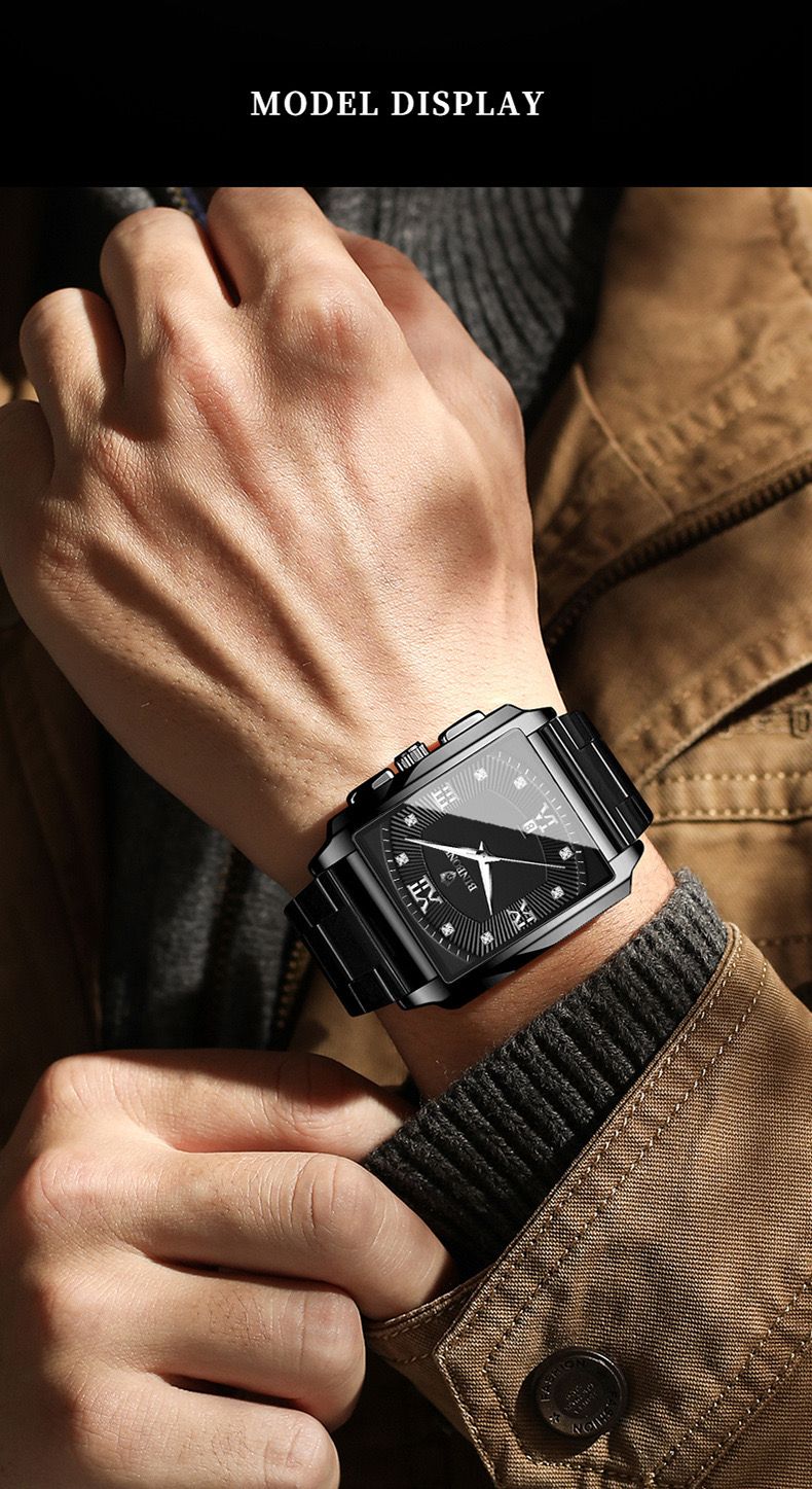 BINBOND B4143 New Rectangular Men's Stainless Steel Band Simple Sports Outdoor Calendar Quartz Watch Waterproof Wristwatch