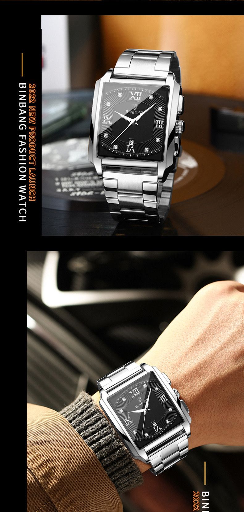 BINBOND B4143 New Rectangular Men's Stainless Steel Band Simple Sports Outdoor Calendar Quartz Watch Waterproof Wristwatch