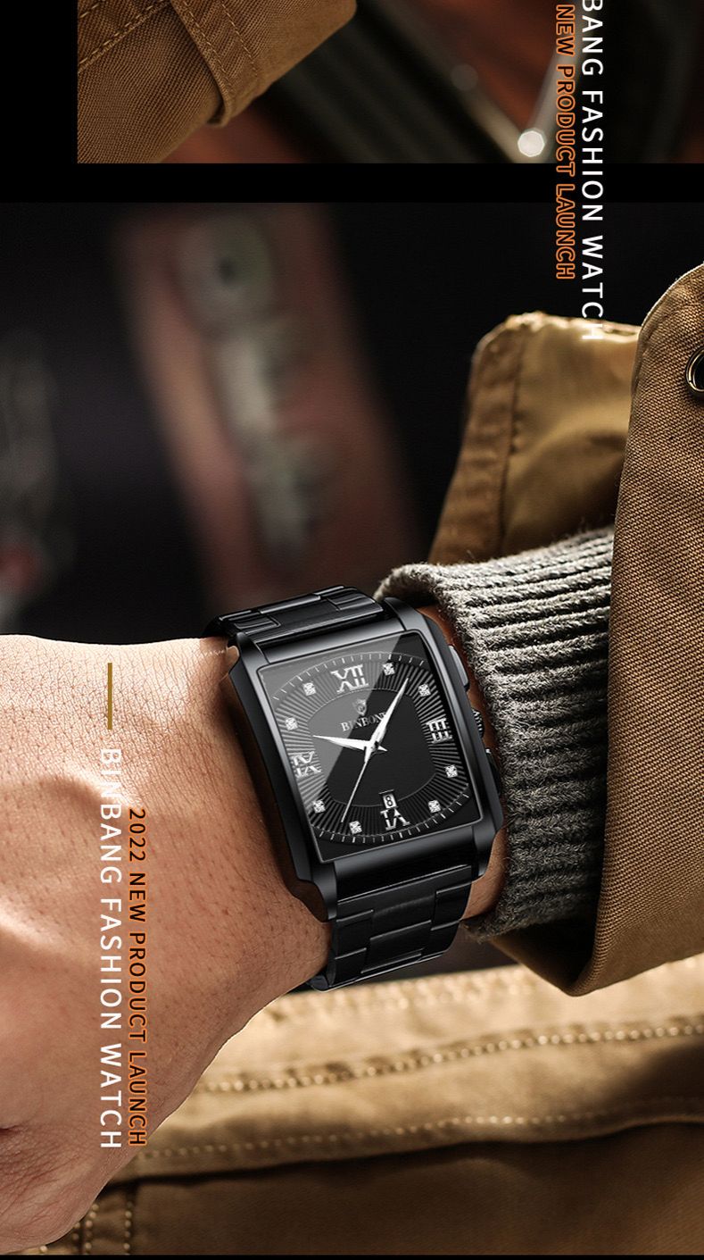 BINBOND B4143 New Rectangular Men's Stainless Steel Band Simple Sports Outdoor Calendar Quartz Watch Waterproof Wristwatch