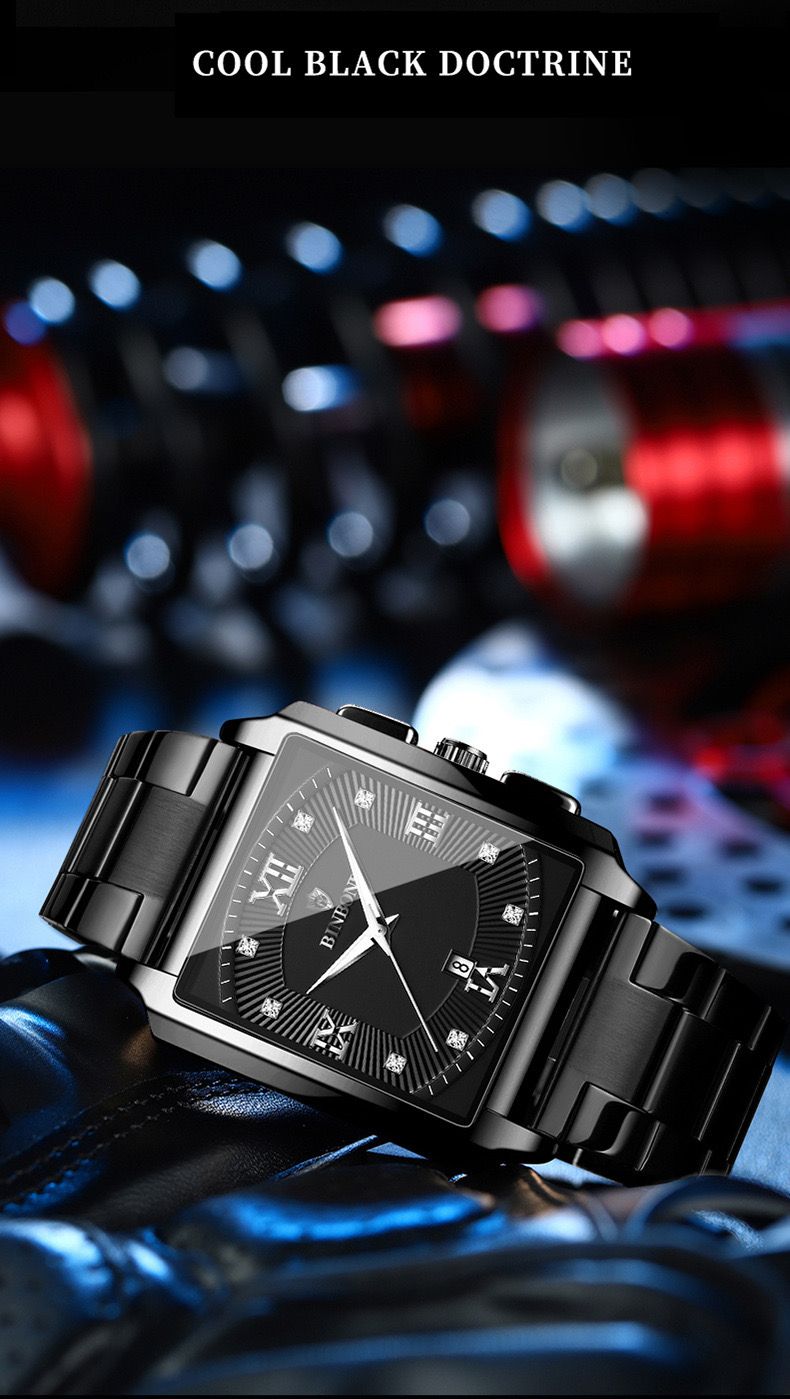 BINBOND B4143 New Rectangular Men's Stainless Steel Band Simple Sports Outdoor Calendar Quartz Watch Waterproof Wristwatch