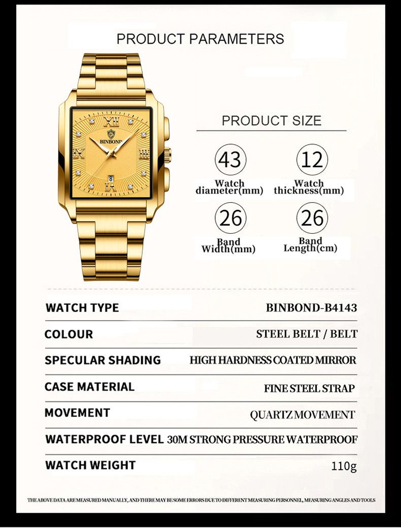 BINBOND B4143 New Rectangular Men's Stainless Steel Band Simple Sports Outdoor Calendar Quartz Watch Waterproof Wristwatch