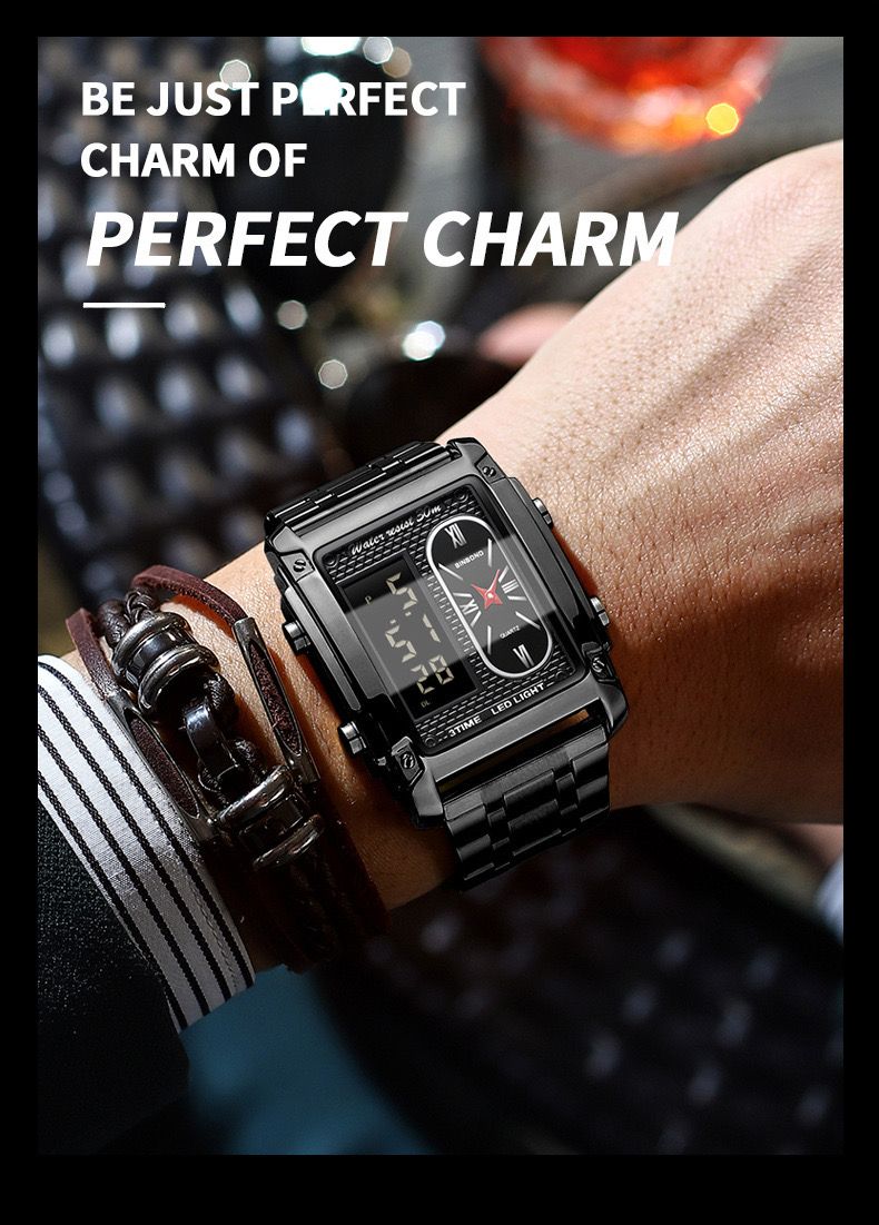 Binbond B2311 Fashion Men's Creative Steel Strap Electronic Watch, Dual Movements, Multi - Function, Waterproof, New Style Watch For Male Students, First - Class Quality, First - Class Service