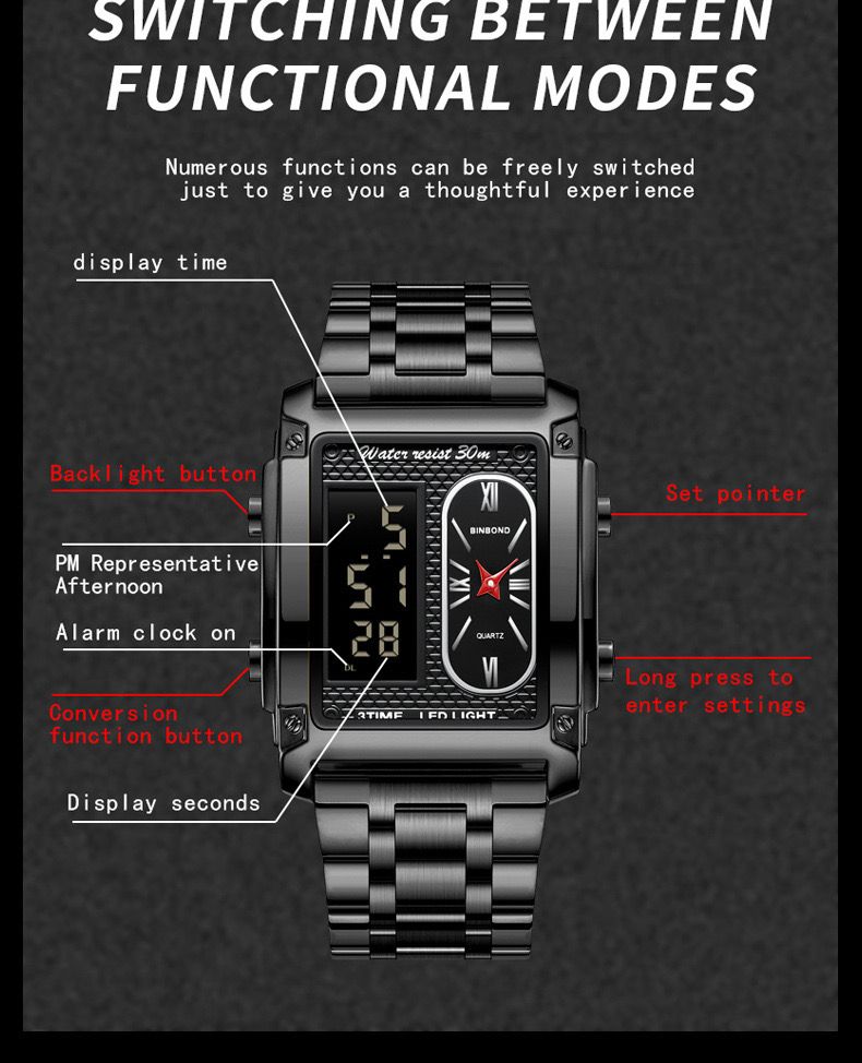Binbond B2311 Fashion Men's Creative Steel Strap Electronic Watch, Dual Movements, Multi - Function, Waterproof, New Style Watch For Male Students, First - Class Quality, First - Class Service