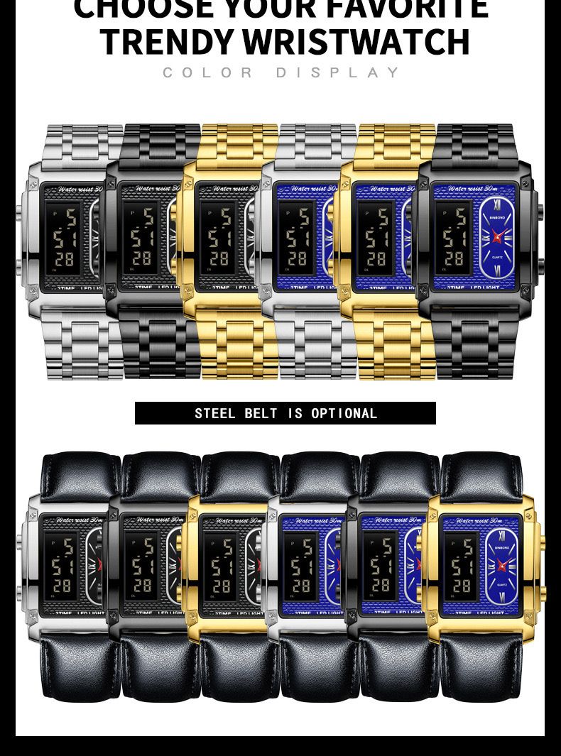 Binbond B2311 Fashion Men's Creative Steel Strap Electronic Watch, Dual Movements, Multi - Function, Waterproof, New Style Watch For Male Students, First - Class Quality, First - Class Service