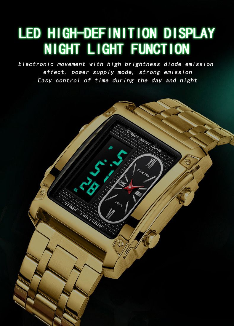 Binbond B2311 Fashion Men's Creative Steel Strap Electronic Watch, Dual Movements, Multi - Function, Waterproof, New Style Watch For Male Students, First - Class Quality, First - Class Service