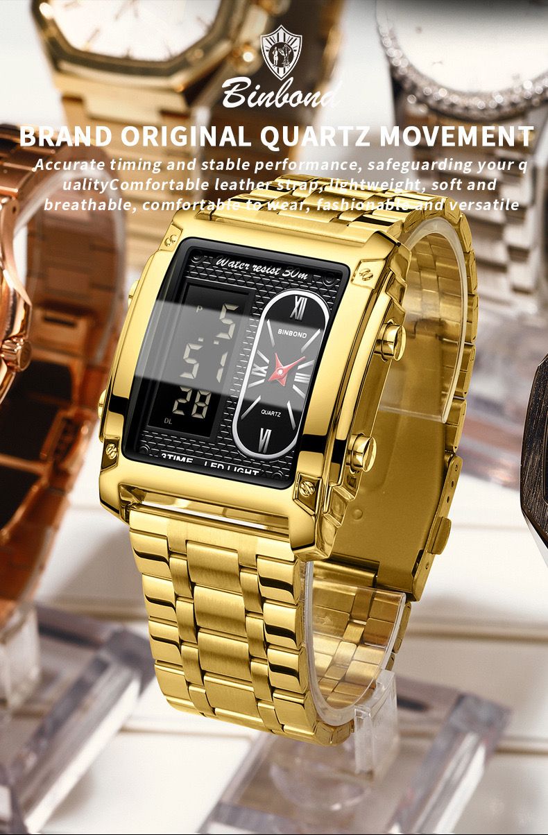 Binbond B2311 Fashion Men's Creative Steel Strap Electronic Watch, Dual Movements, Multi - Function, Waterproof, New Style Watch For Male Students, First - Class Quality, First - Class Service