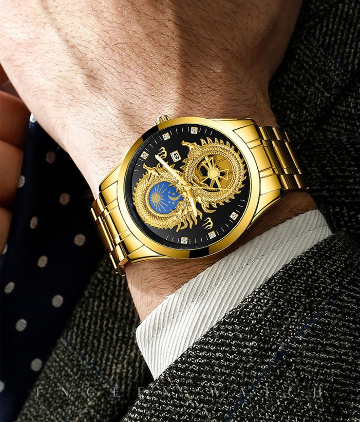 FNGEEN S999 Hot Sell Gold Boys Quartz Watch Formal Steel Strap Water Proof Calendar Low Moq Business Wrist Watch