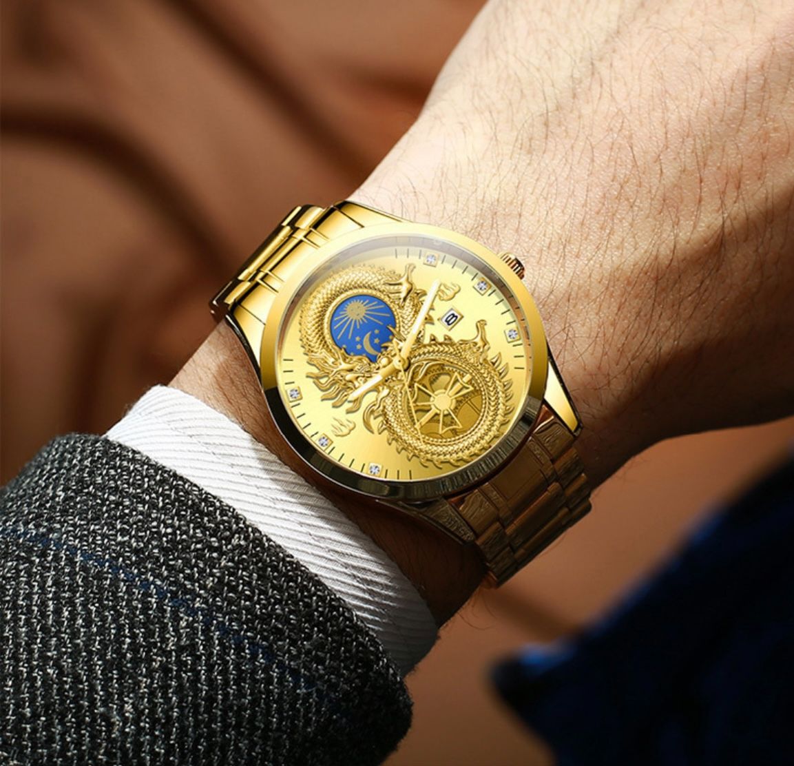 FNGEEN S999 Hot Sell Gold Boys Quartz Watch Formal Steel Strap Water Proof Calendar Low Moq Business Wrist Watch