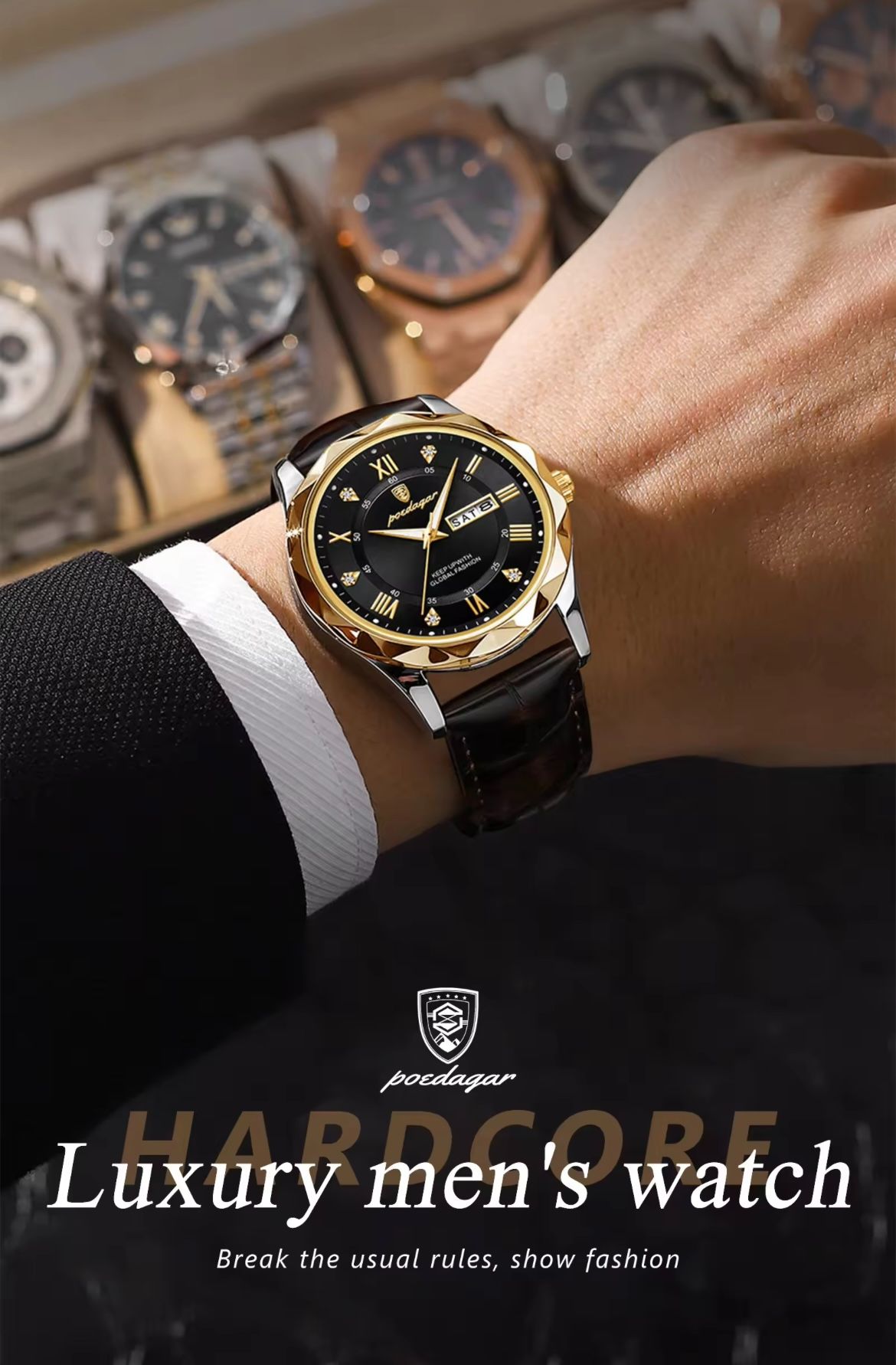 POEDAGAR  P615  Luxury Business Man Wristwatch Waterproof Luminous Date Week Men Watch for Men Quartz Clock Leather Watches Reloj