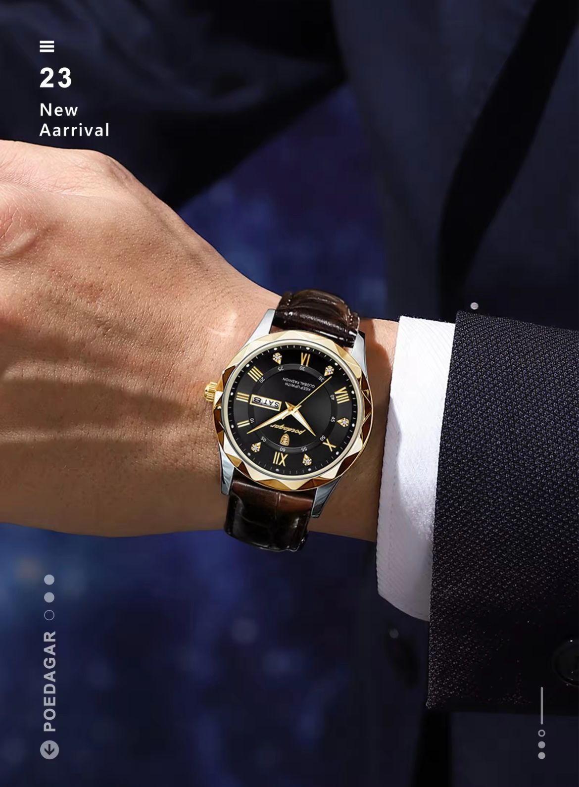 POEDAGAR  P615  Luxury Business Man Wristwatch Waterproof Luminous Date Week Men Watch for Men Quartz Clock Leather Watches Reloj