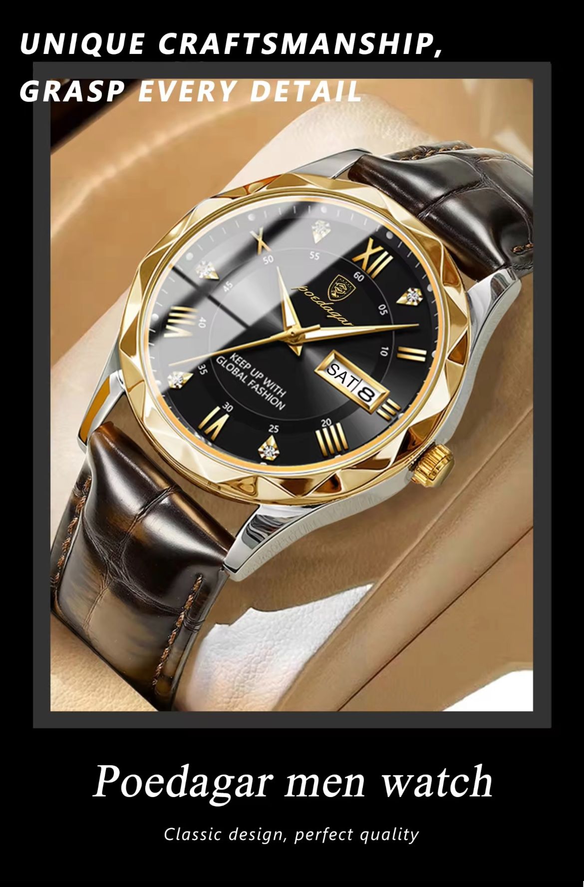 POEDAGAR  P615  Luxury Business Man Wristwatch Waterproof Luminous Date Week Men Watch for Men Quartz Clock Leather Watches Reloj