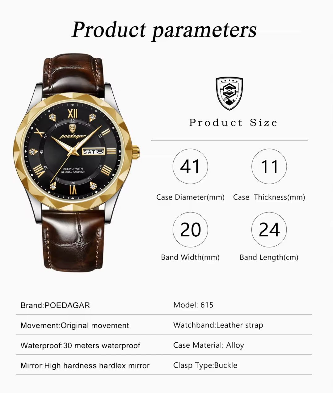 POEDAGAR  P615  Luxury Business Man Wristwatch Waterproof Luminous Date Week Men Watch for Men Quartz Clock Leather Watches Reloj