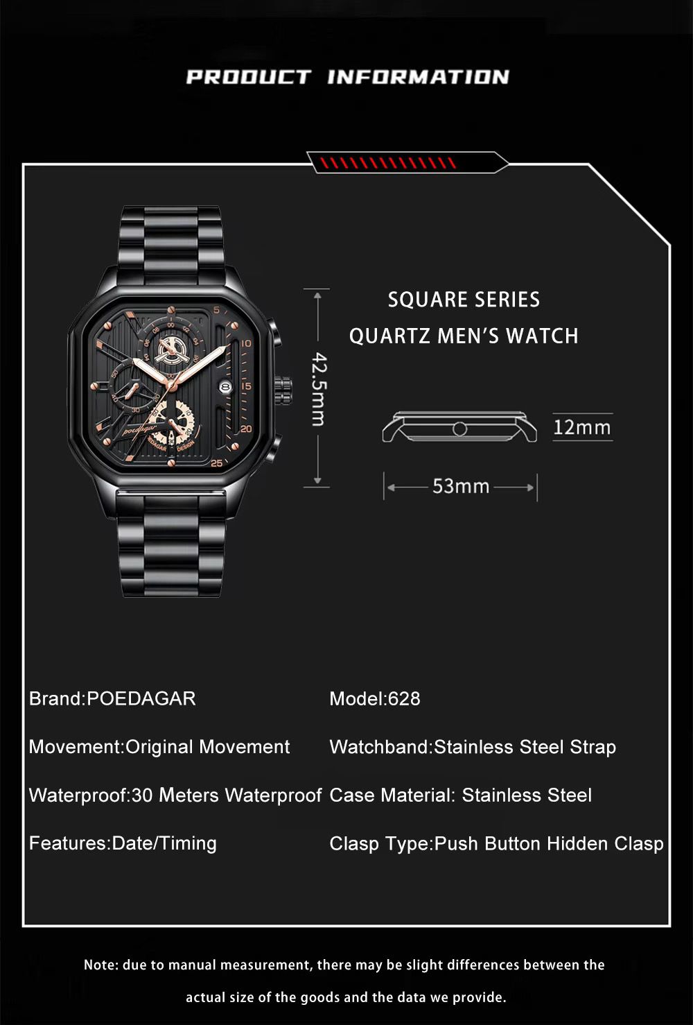 POEDAGAR 628 Luxury Men's Watch Fashion Casual Sport 3 Needles Stainless Steel Waterproof Luminous Hands Man Wristwatch for Men