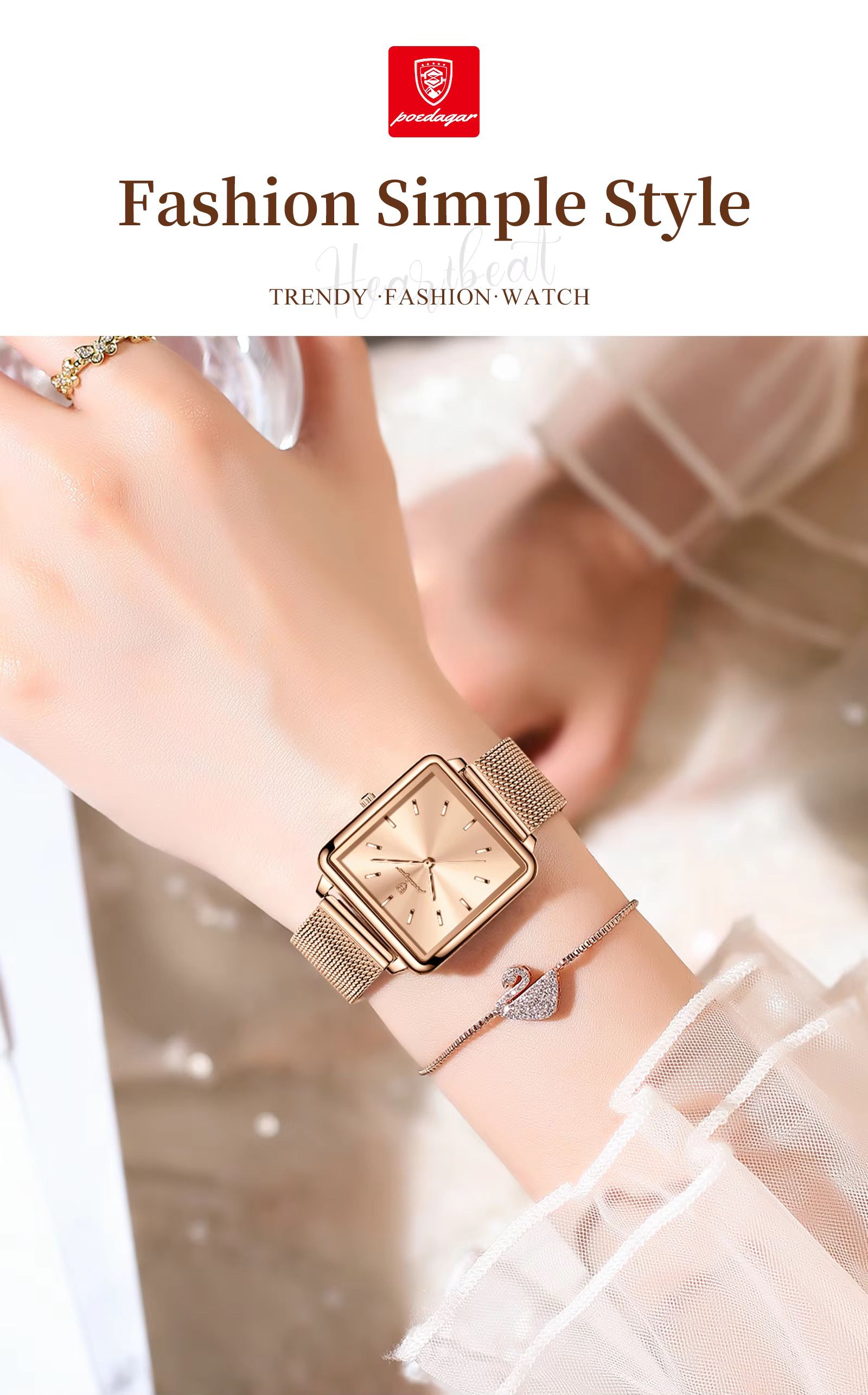 POEDAGAR 793 Mesh Stainless Steel Band Wristwatch Simple Square Design Women's 3ATM Deep Waterproof Quartz Luxury Watch for Girl