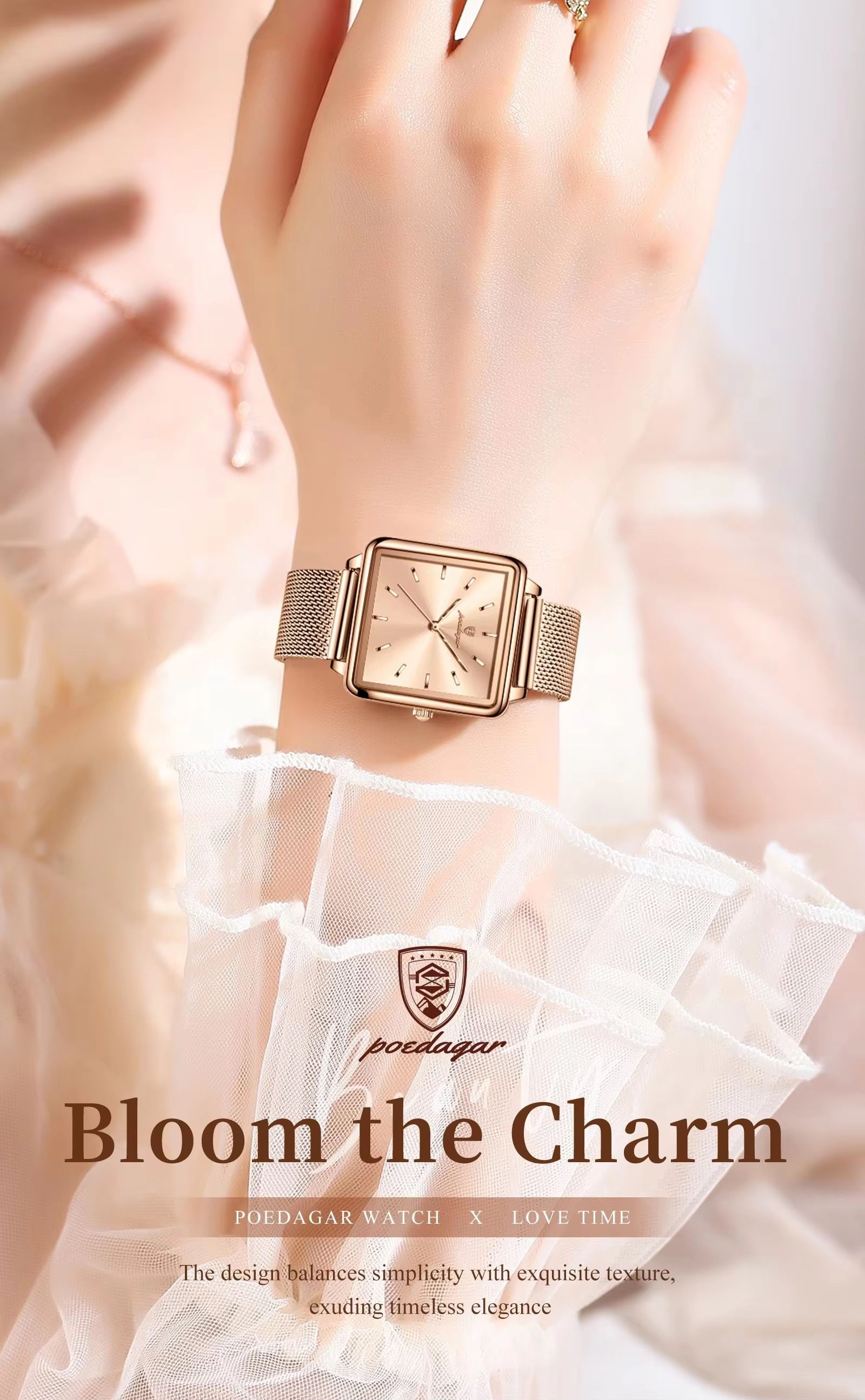POEDAGAR 793 Mesh Stainless Steel Band Wristwatch Simple Square Design Women's 3ATM Deep Waterproof Quartz Luxury Watch for Girl