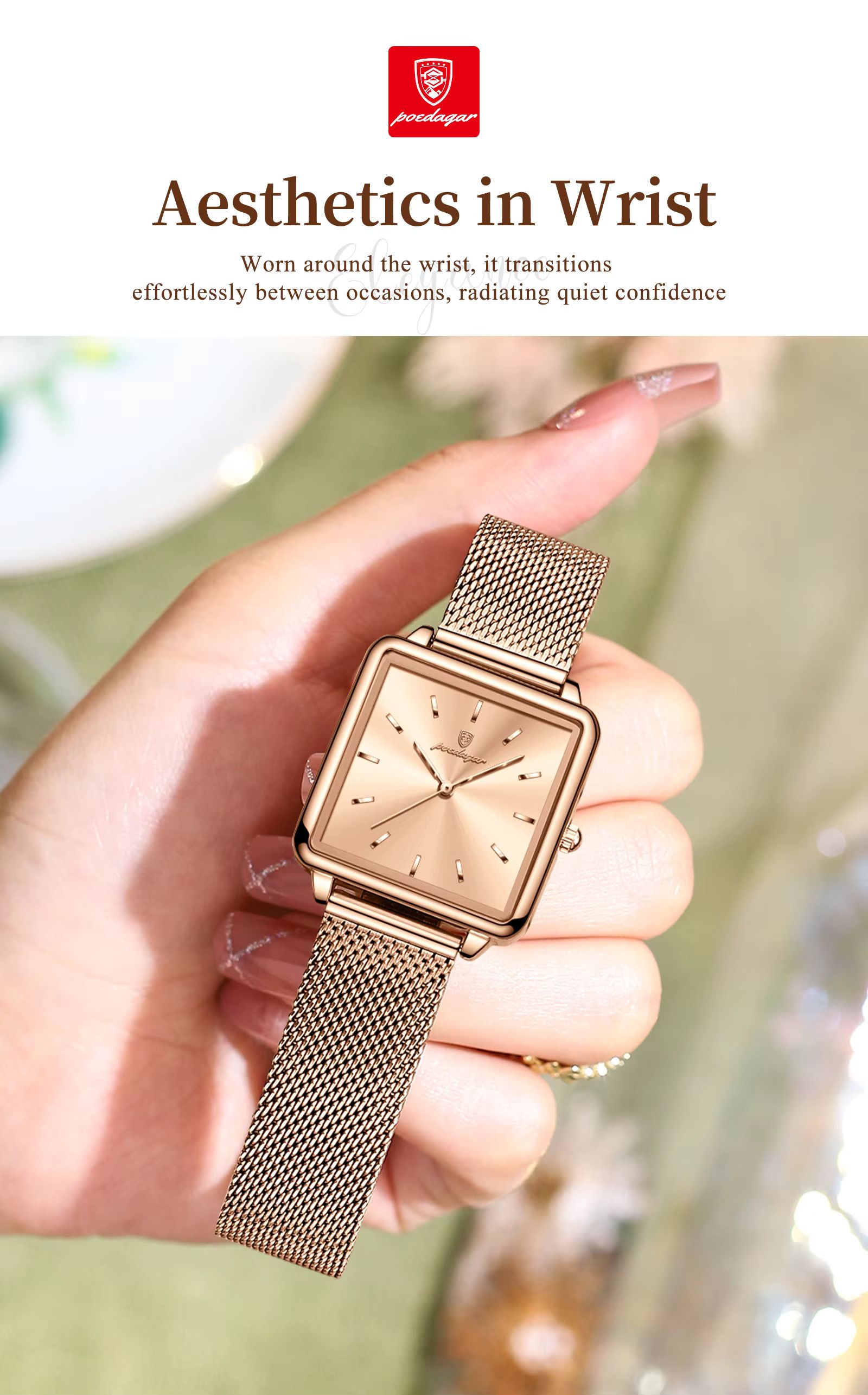POEDAGAR 793 Mesh Stainless Steel Band Wristwatch Simple Square Design Women's 3ATM Deep Waterproof Quartz Luxury Watch for Girl
