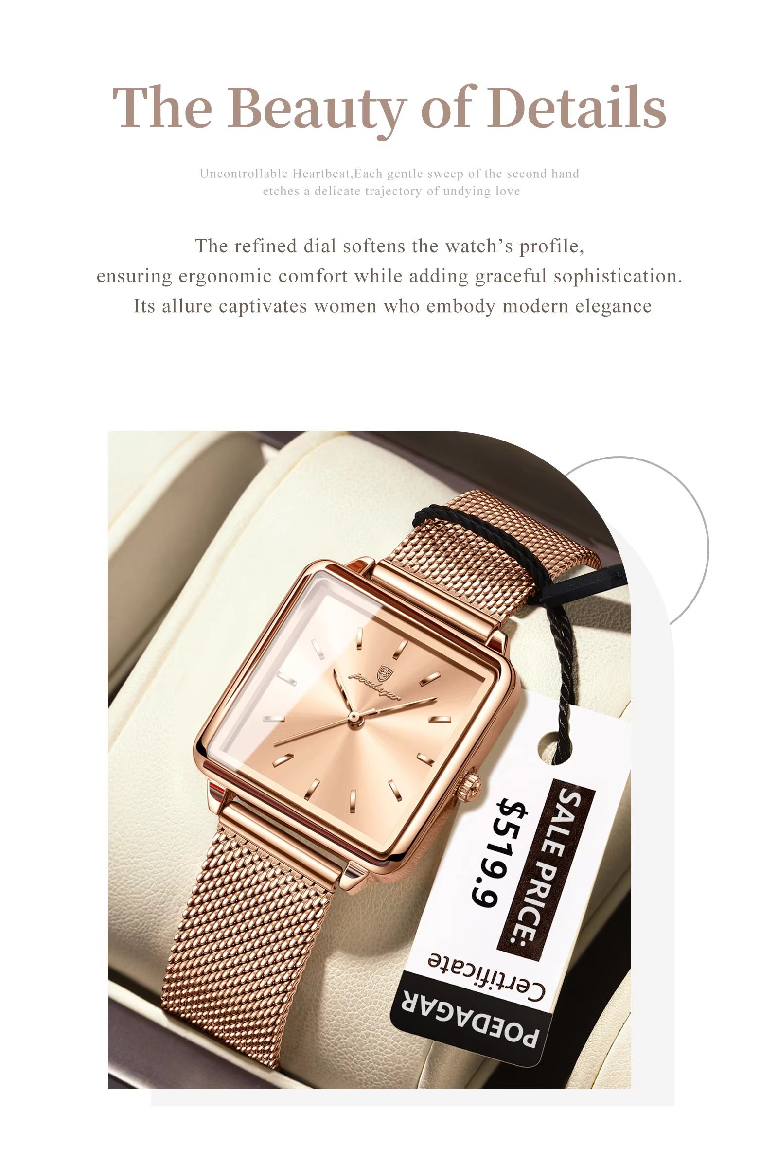 POEDAGAR 793 Mesh Stainless Steel Band Wristwatch Simple Square Design Women's 3ATM Deep Waterproof Quartz Luxury Watch for Girl