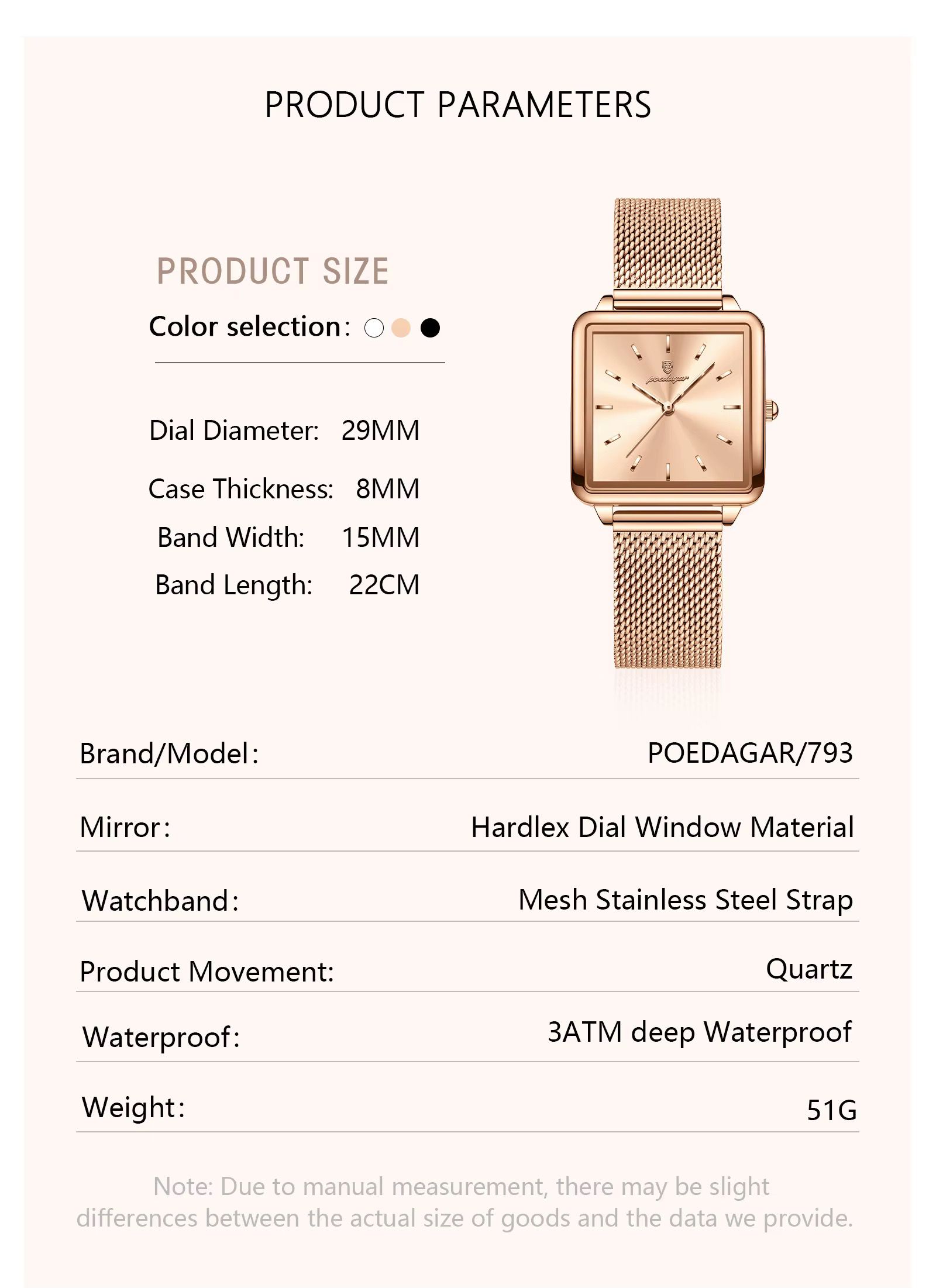 POEDAGAR 793 Mesh Stainless Steel Band Wristwatch Simple Square Design Women's 3ATM Deep Waterproof Quartz Luxury Watch for Girl