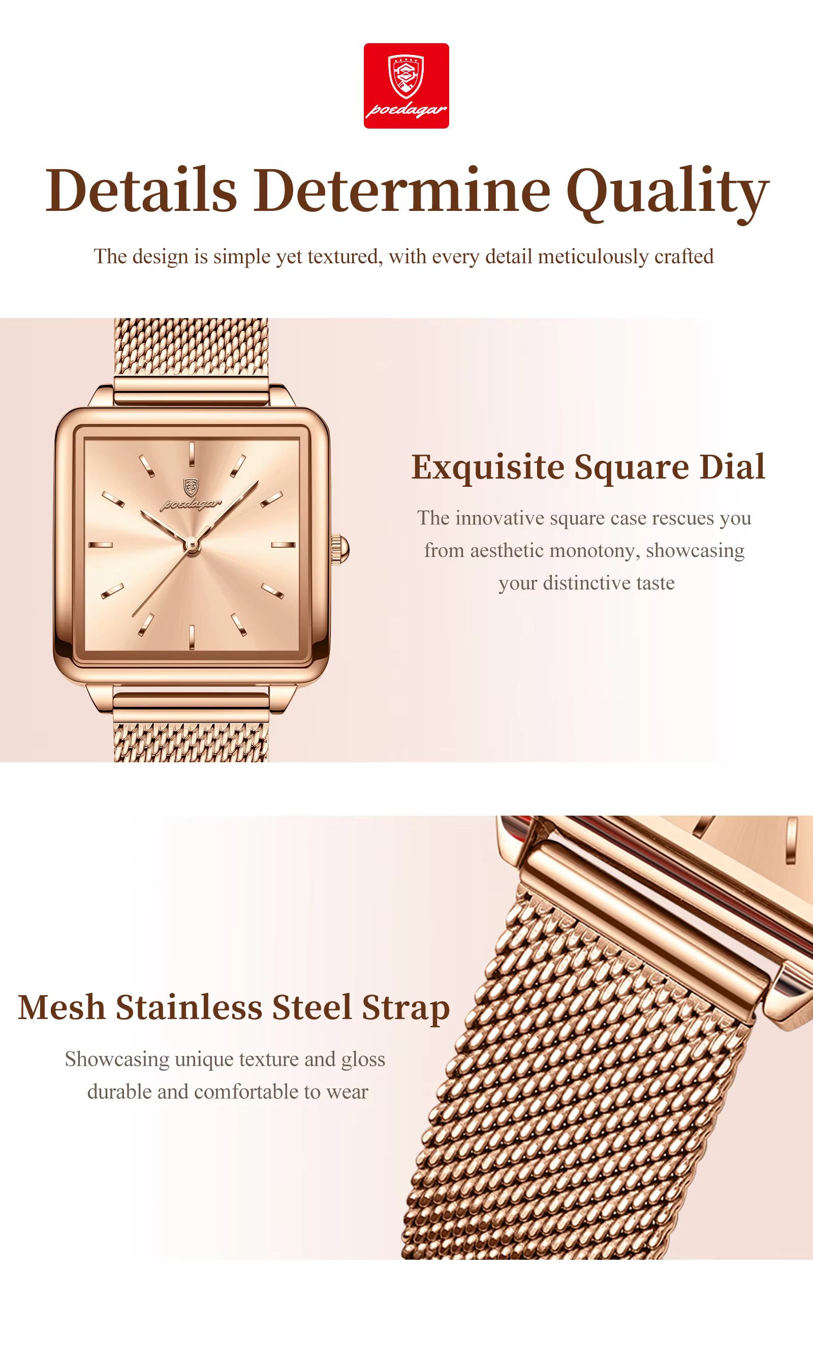 POEDAGAR 793 Mesh Stainless Steel Band Wristwatch Simple Square Design Women's 3ATM Deep Waterproof Quartz Luxury Watch for Girl