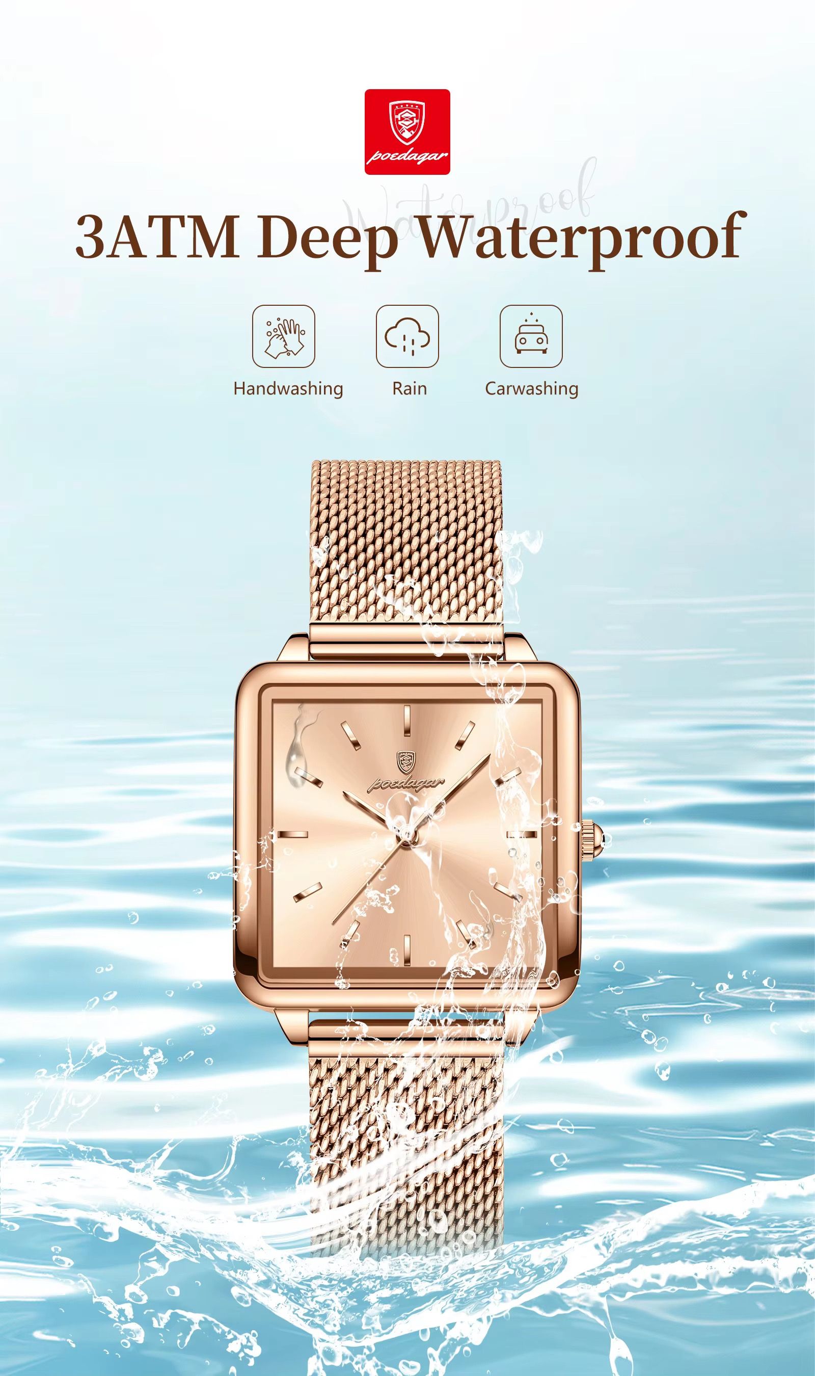 POEDAGAR 793 Mesh Stainless Steel Band Wristwatch Simple Square Design Women's 3ATM Deep Waterproof Quartz Luxury Watch for Girl