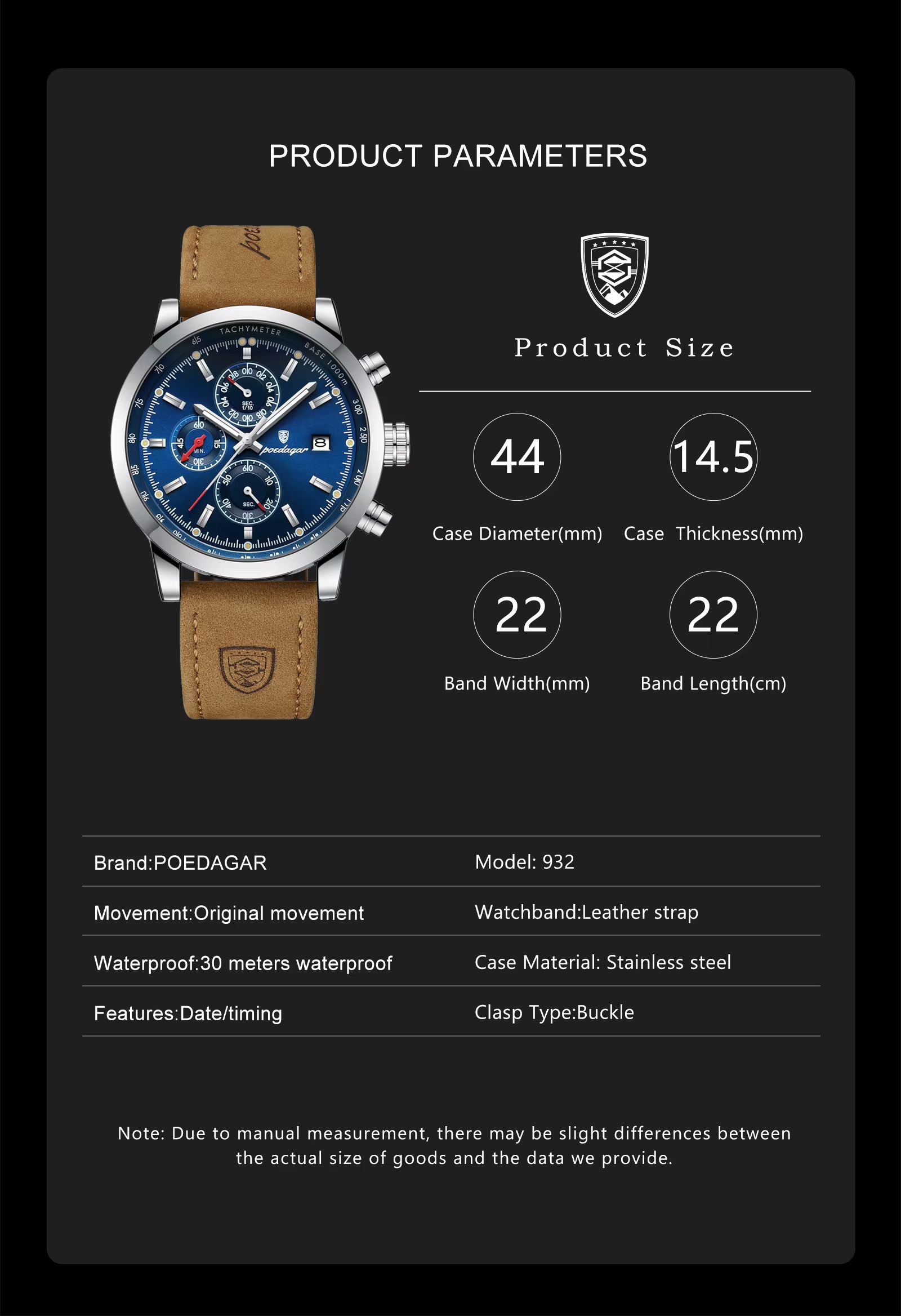 POEDAGAR 932 Fashion Mens Watch Wholesale Luxury Leather Quartz Watches Waterproof Luminous Wrist Chronograph Watch for Men