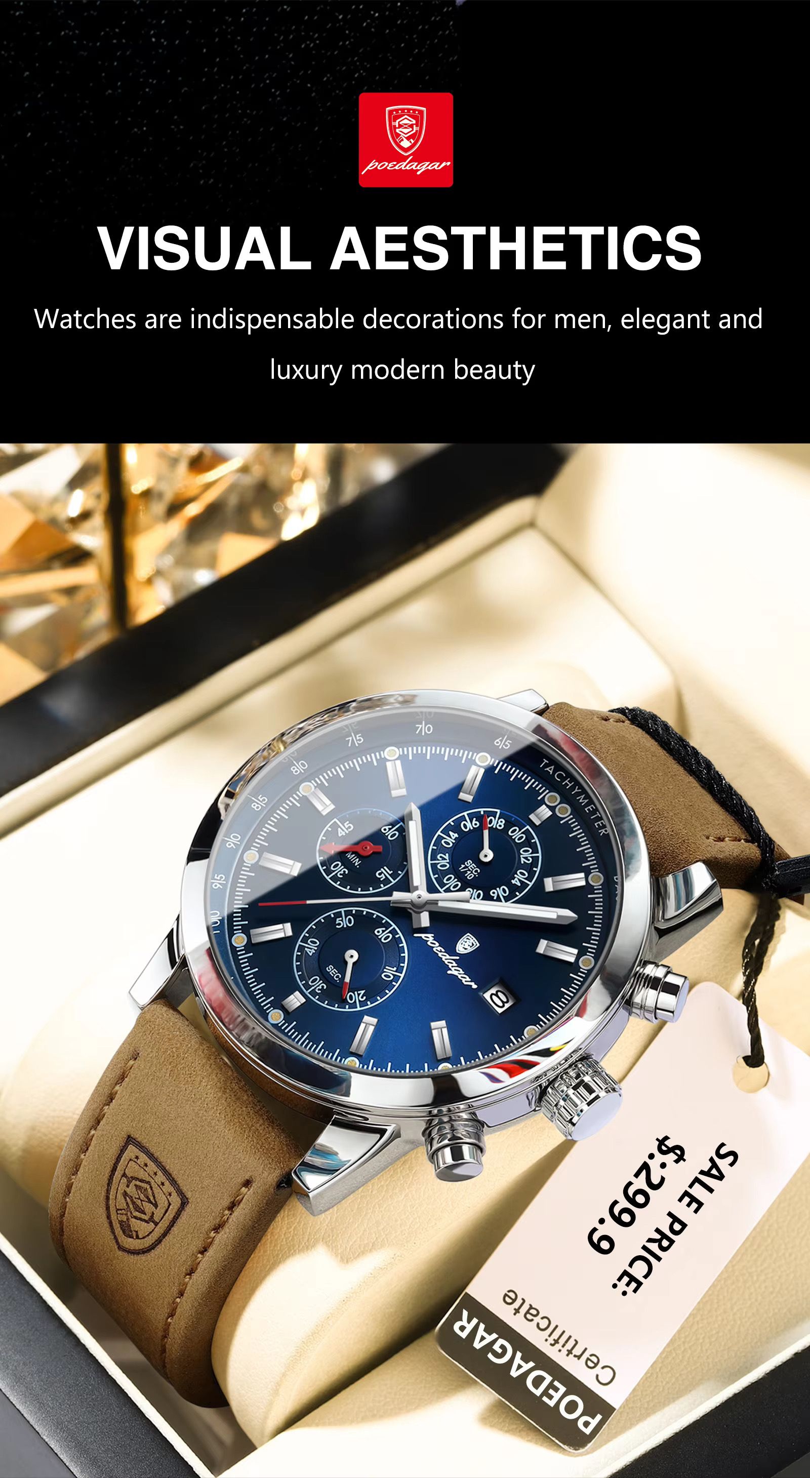 POEDAGAR 932 Fashion Mens Watch Wholesale Luxury Leather Quartz Watches Waterproof Luminous Wrist Chronograph Watch for Men