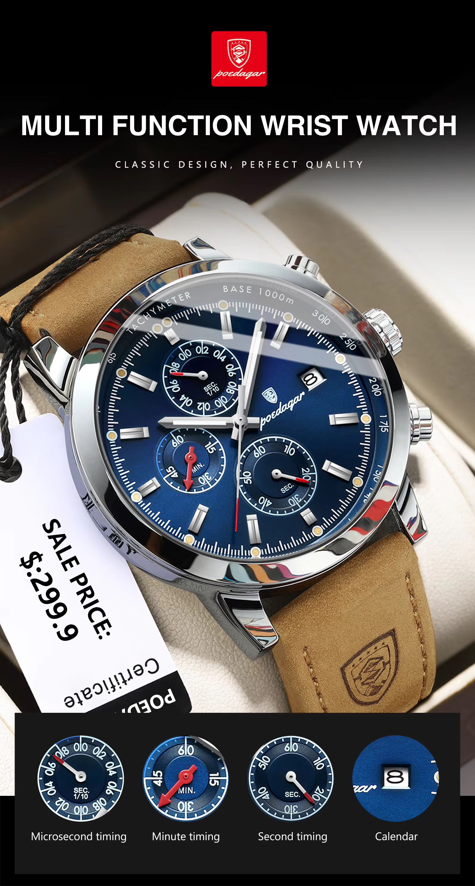 POEDAGAR 932 Fashion Mens Watch Wholesale Luxury Leather Quartz Watches Waterproof Luminous Wrist Chronograph Watch for Men