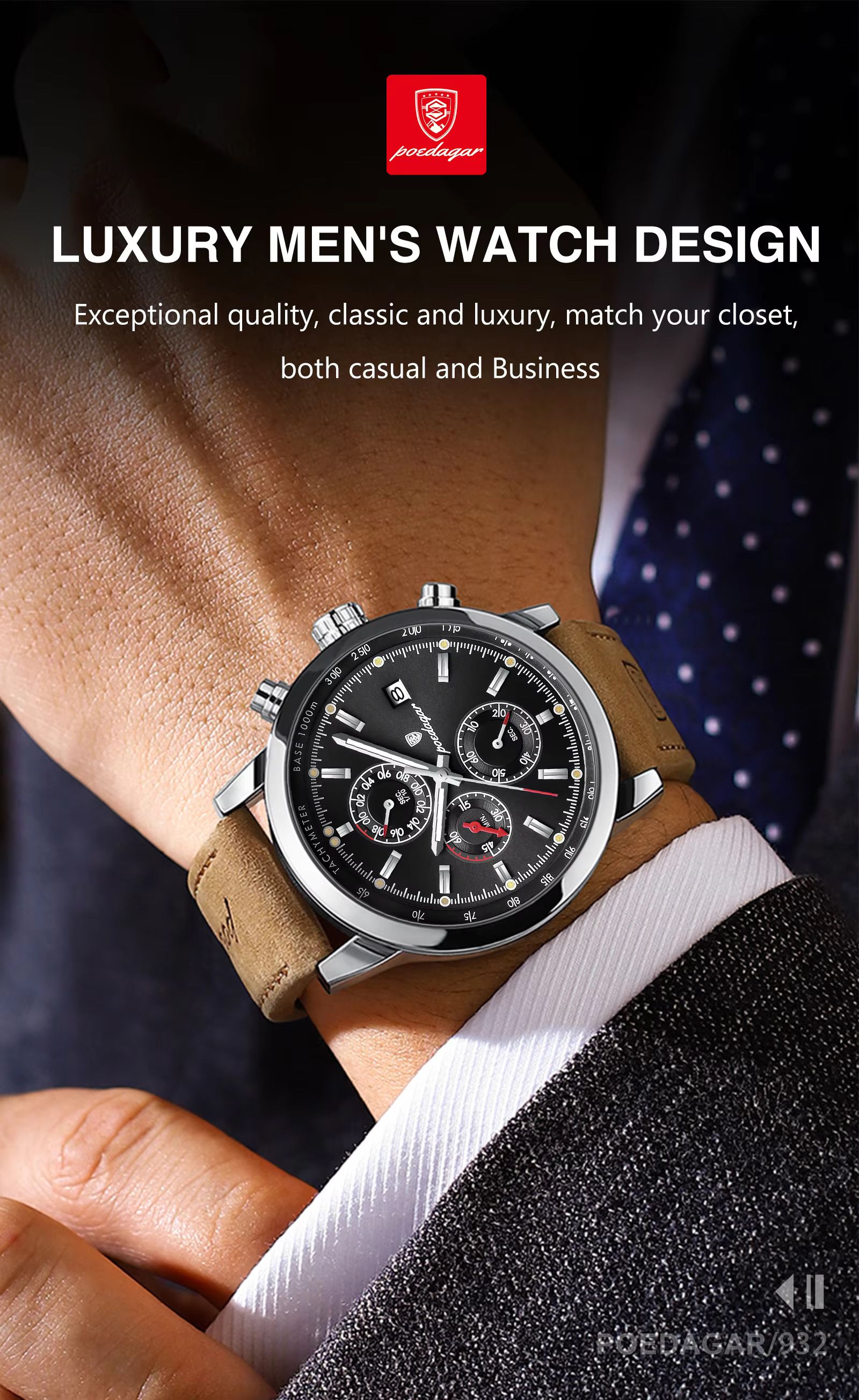 POEDAGAR 932 Fashion Mens Watch Wholesale Luxury Leather Quartz Watches Waterproof Luminous Wrist Chronograph Watch for Men
