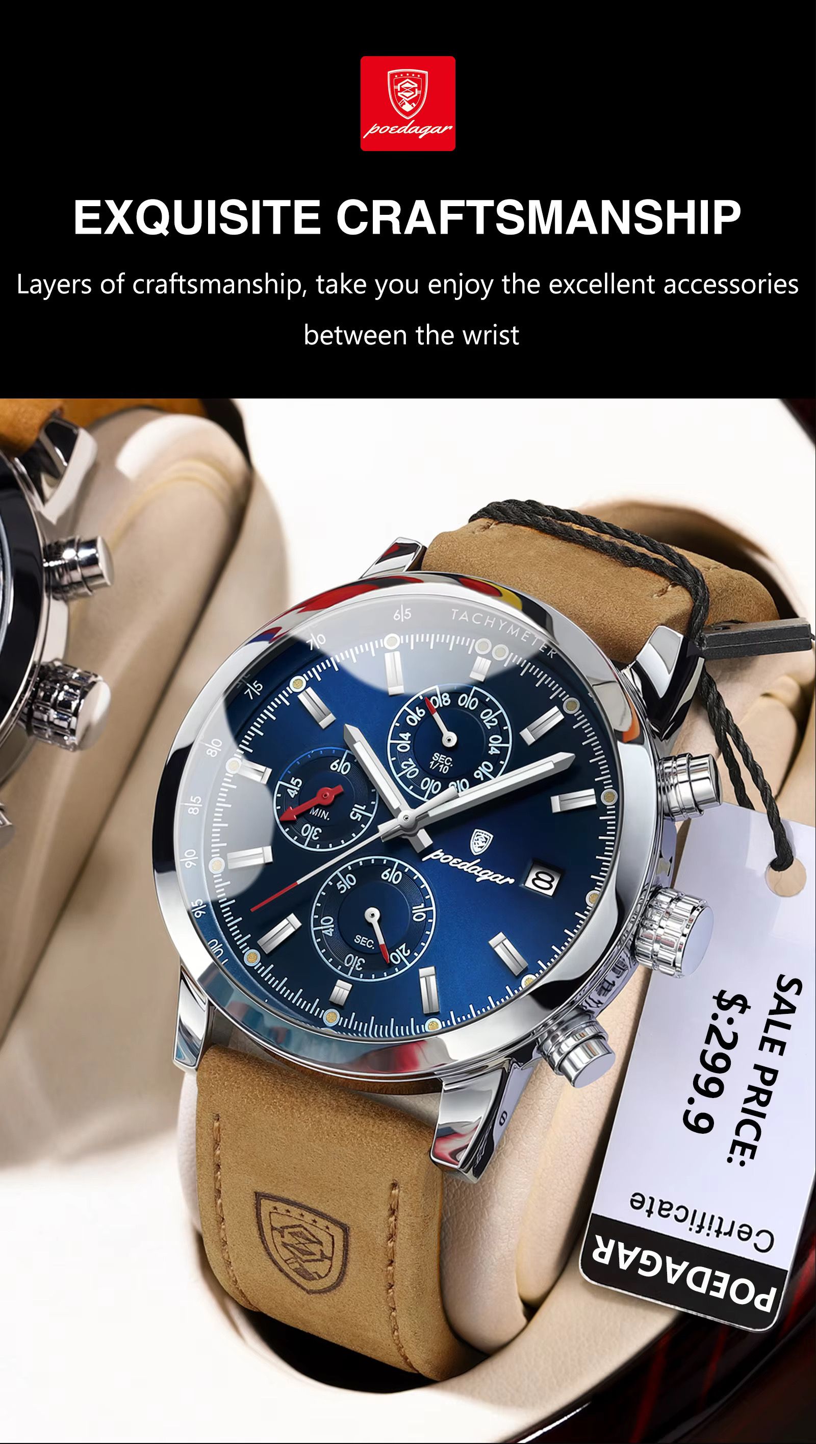 POEDAGAR 932 Fashion Mens Watch Wholesale Luxury Leather Quartz Watches Waterproof Luminous Wrist Chronograph Watch for Men