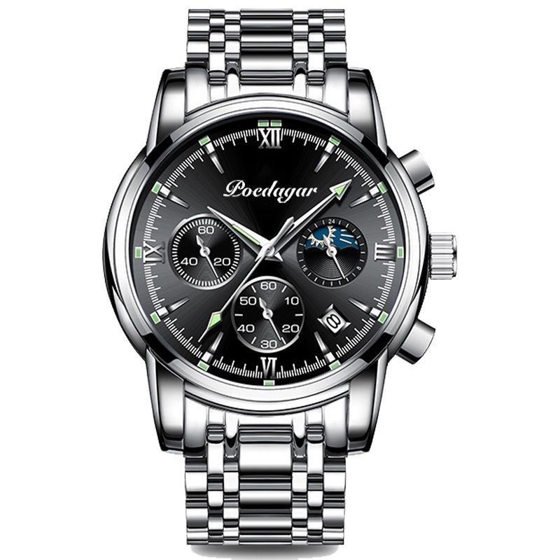 POEDAGAR 8058 Men's Stainless Steel Band Quartz Watch Chronography 3 Needle Waterproof Luminous Sport Wristwatch
