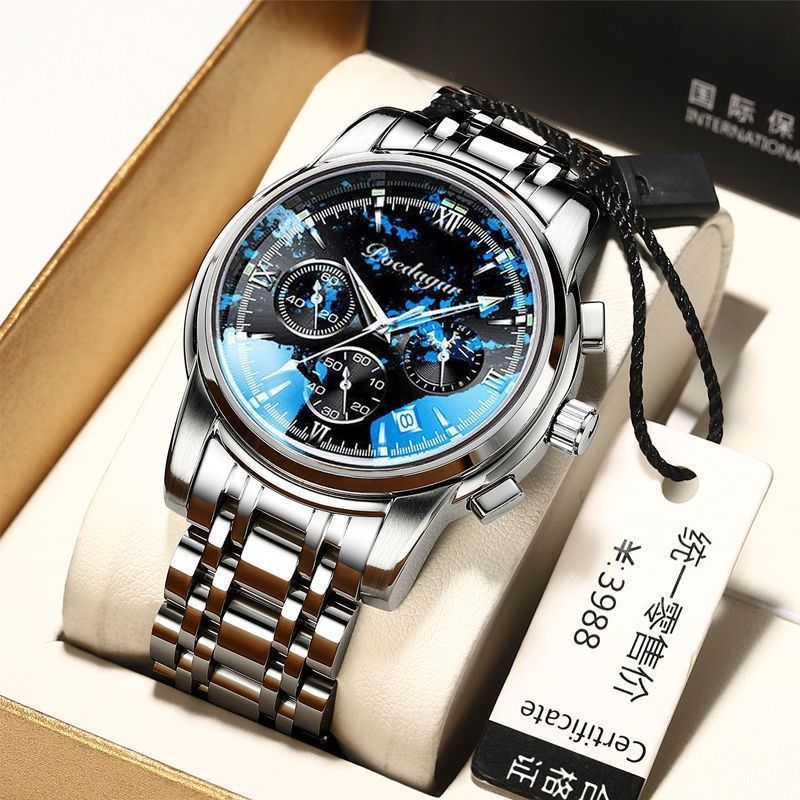 POEDAGAR 8058 Men's Stainless Steel Band Quartz Watch Chronography 3 Needle Waterproof Luminous Sport Wristwatch