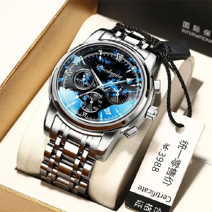 POEDAGAR 8058 Men's Stainless Steel Band Quartz Watch Chronography 3 Needle Waterproof Luminous Sport Wristwatch