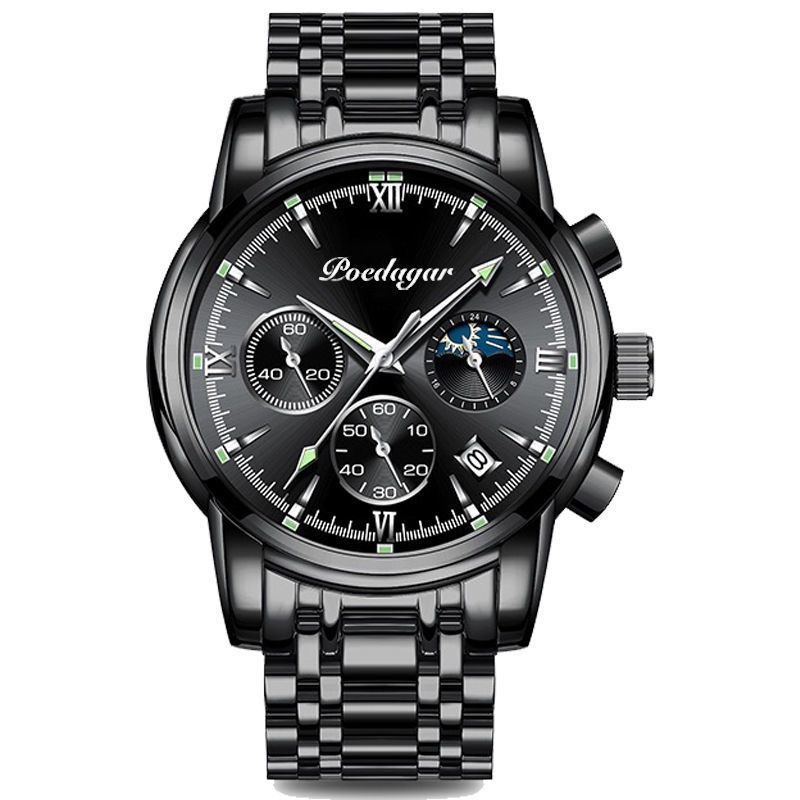 POEDAGAR 8058 Men's Stainless Steel Band Quartz Watch Chronography 3 Needle Waterproof Luminous Sport Wristwatch