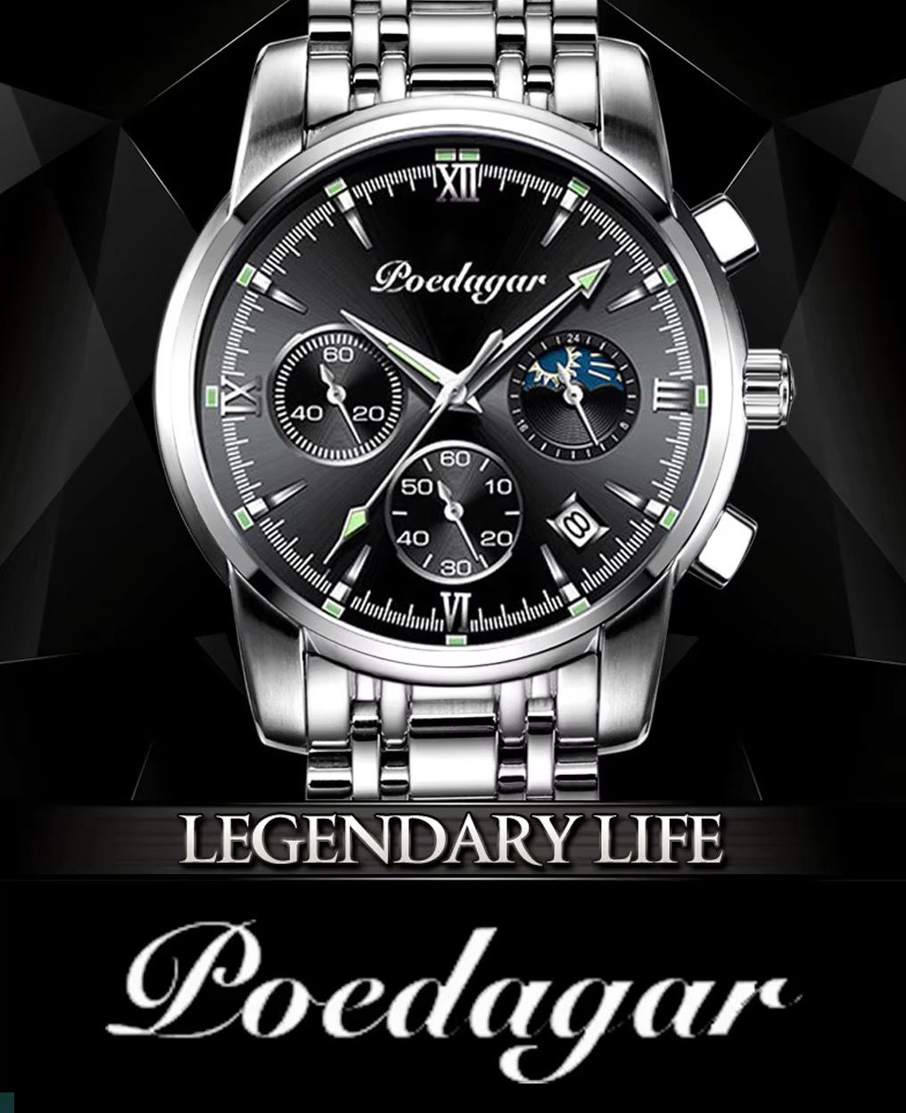 POEDAGAR 8058 Men's Stainless Steel Band Quartz Watch Chronography 3 Needle Waterproof Luminous Sport Wristwatch
