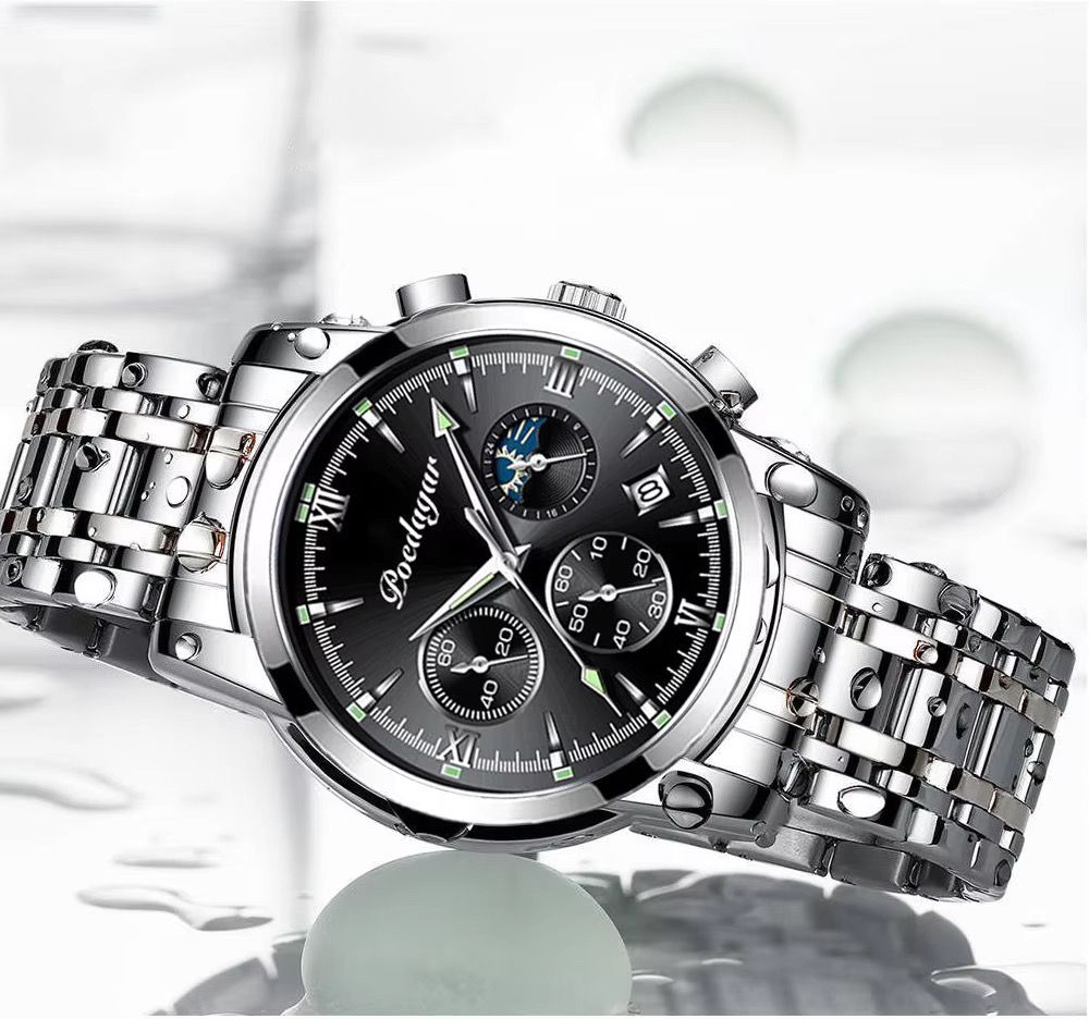 POEDAGAR 8058 Men's Stainless Steel Band Quartz Watch Chronography 3 Needle Waterproof Luminous Sport Wristwatch