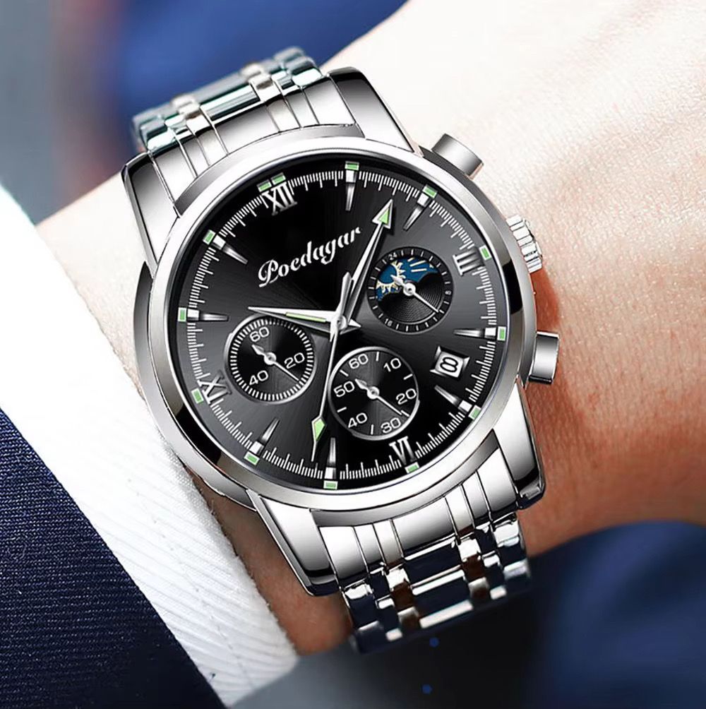 POEDAGAR 8058 Men's Stainless Steel Band Quartz Watch Chronography 3 Needle Waterproof Luminous Sport Wristwatch