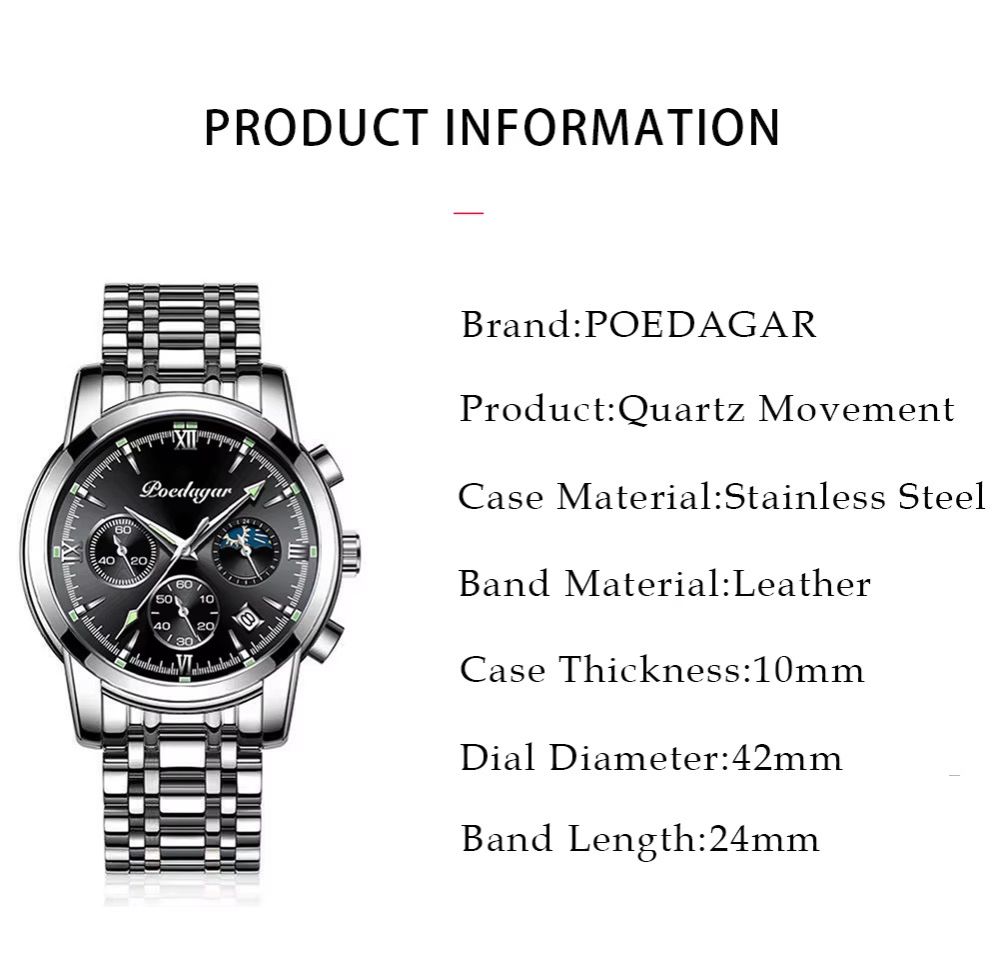 POEDAGAR 8058 Men's Stainless Steel Band Quartz Watch Chronography 3 Needle Waterproof Luminous Sport Wristwatch