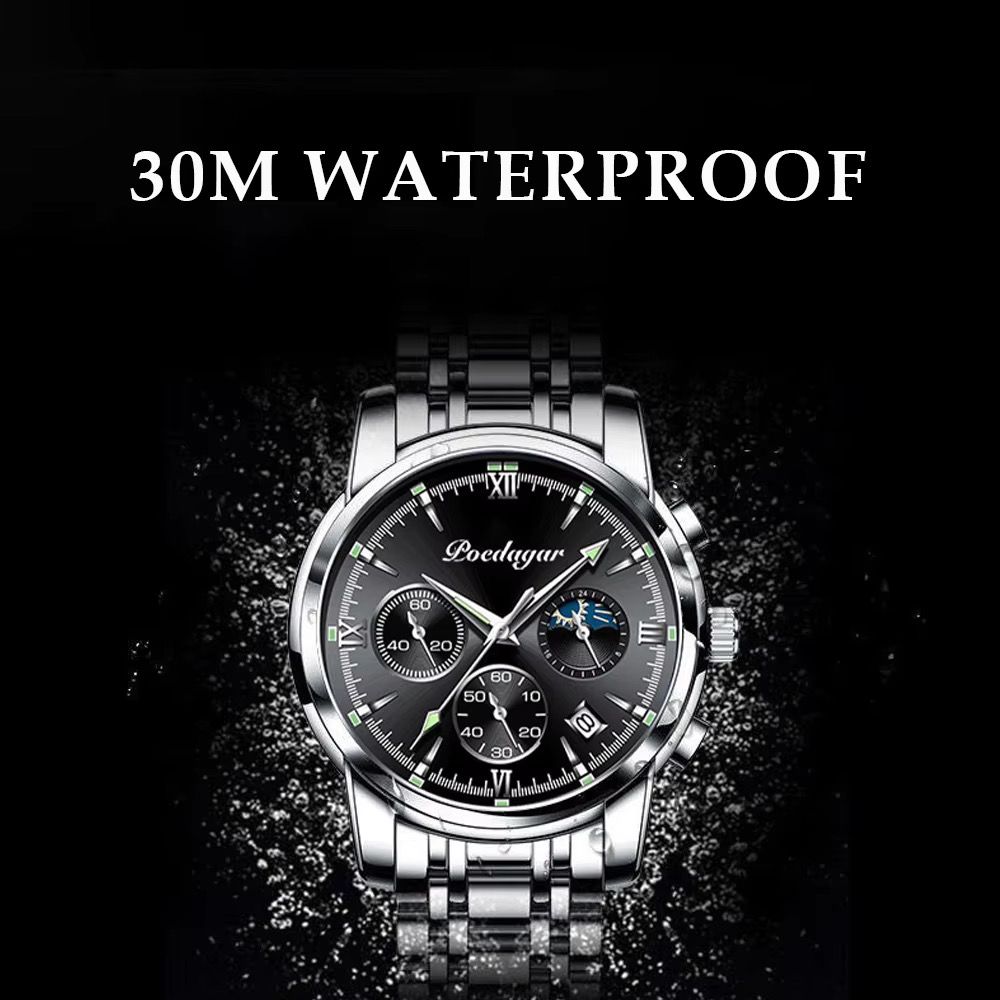 POEDAGAR 8058 Men's Stainless Steel Band Quartz Watch Chronography 3 Needle Waterproof Luminous Sport Wristwatch