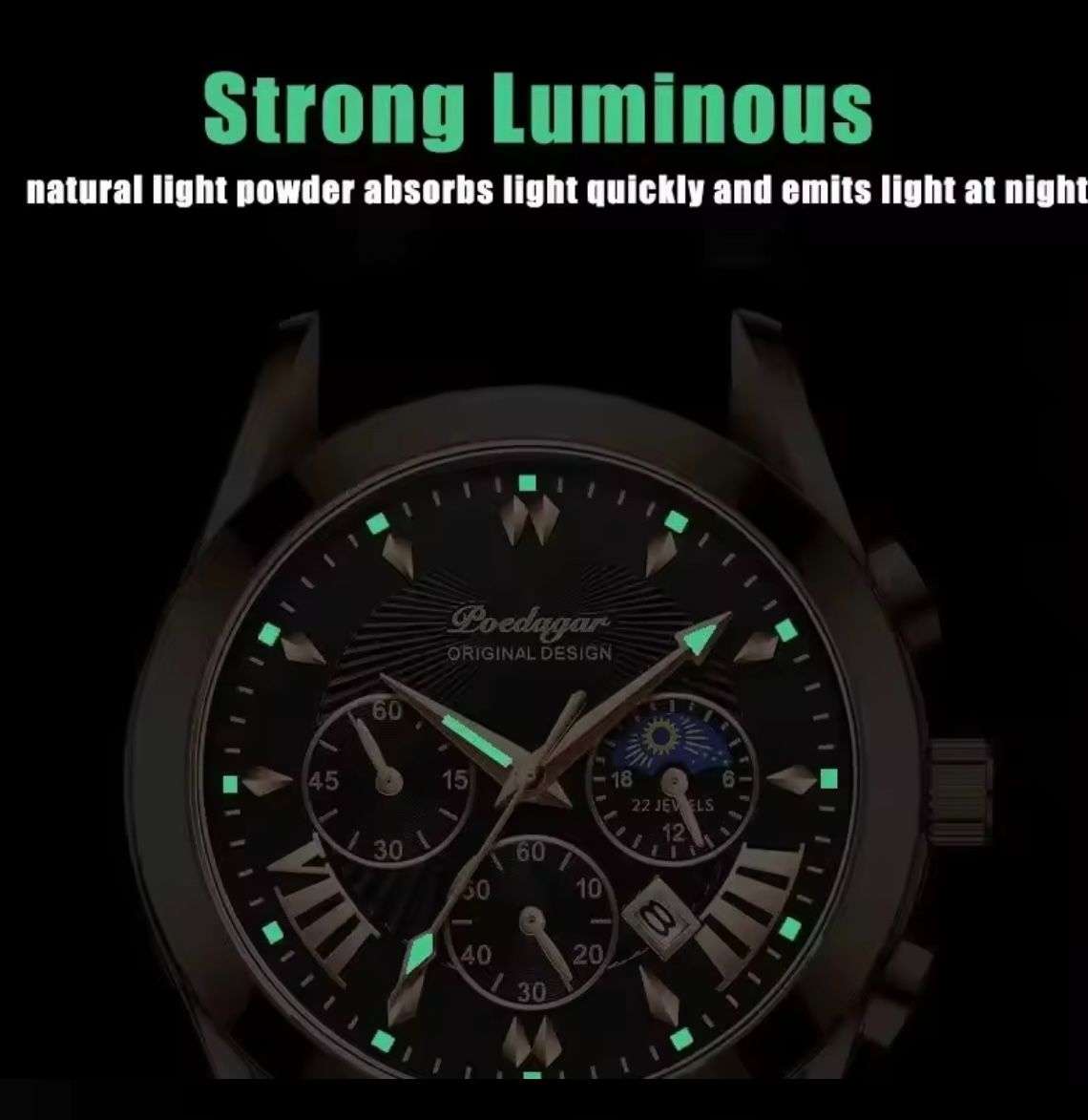POEDAGAR 8058 Men's Stainless Steel Band Quartz Watch Chronography 3 Needle Waterproof Luminous Sport Wristwatch