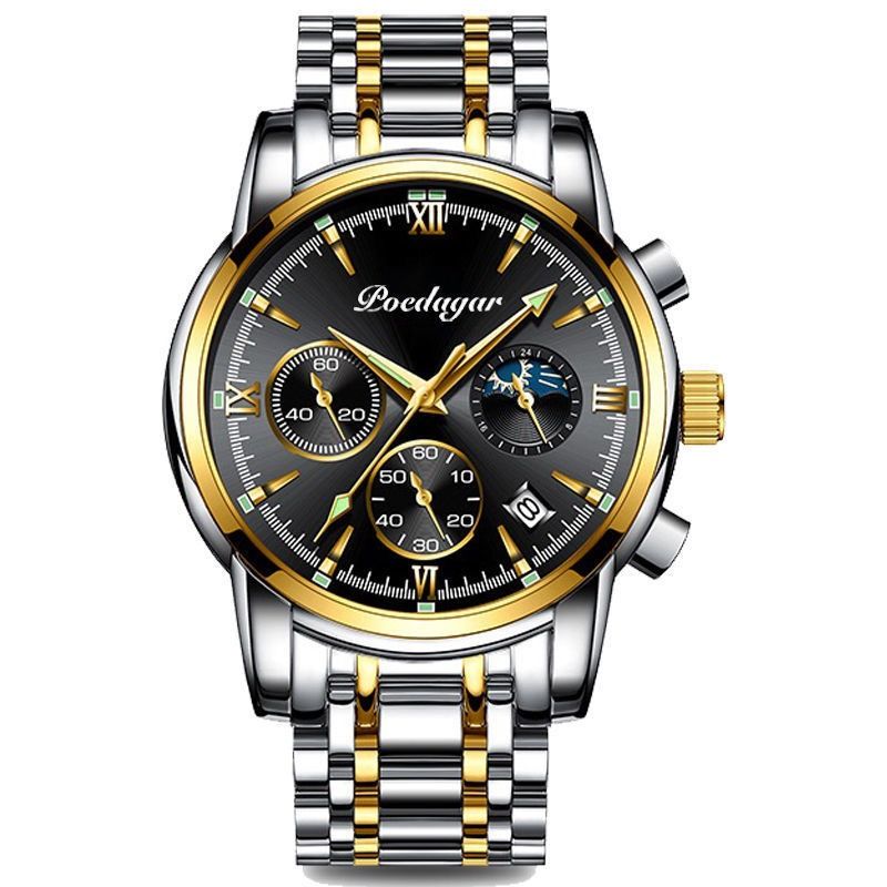 POEDAGAR 8058 Men's Stainless Steel Band Quartz Watch Chronography 3 Needle Waterproof Luminous Sport Wristwatch