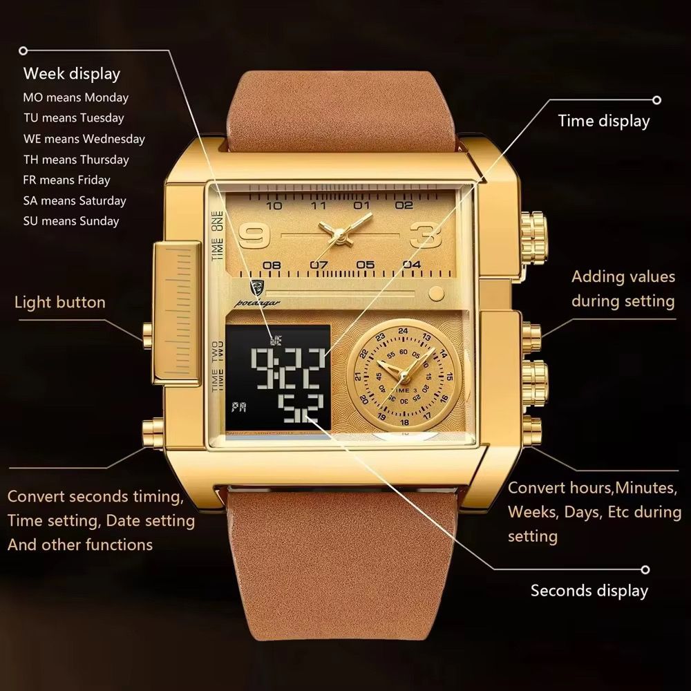 POEDAGAR 997 New Man Watch Rectangle Waterproof Luminous Day Week Men Wristwatch Digital Multifunction Men's Watches Quartz Reloj