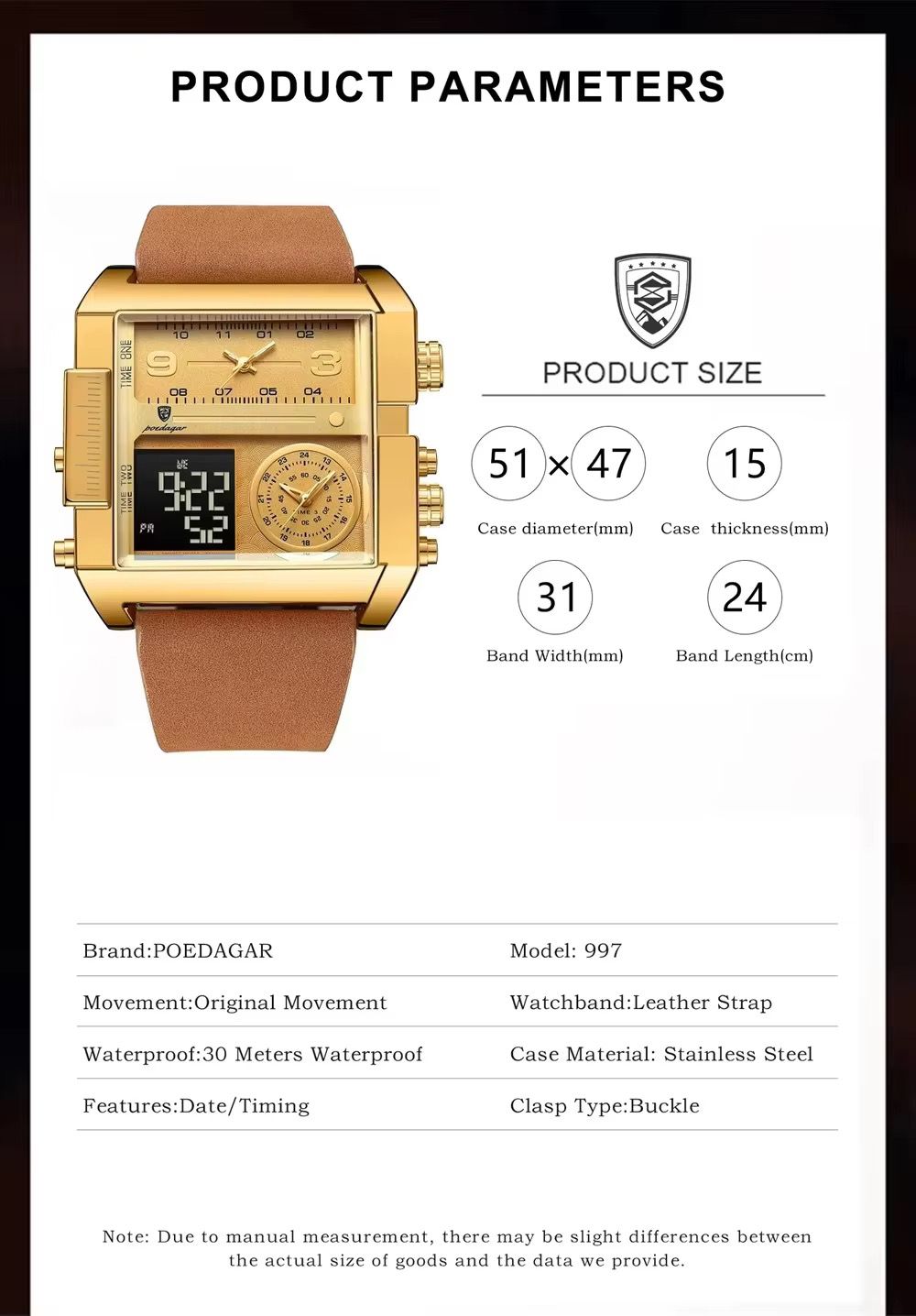 POEDAGAR 997 New Man Watch Rectangle Waterproof Luminous Day Week Men Wristwatch Digital Multifunction Men's Watches Quartz Reloj