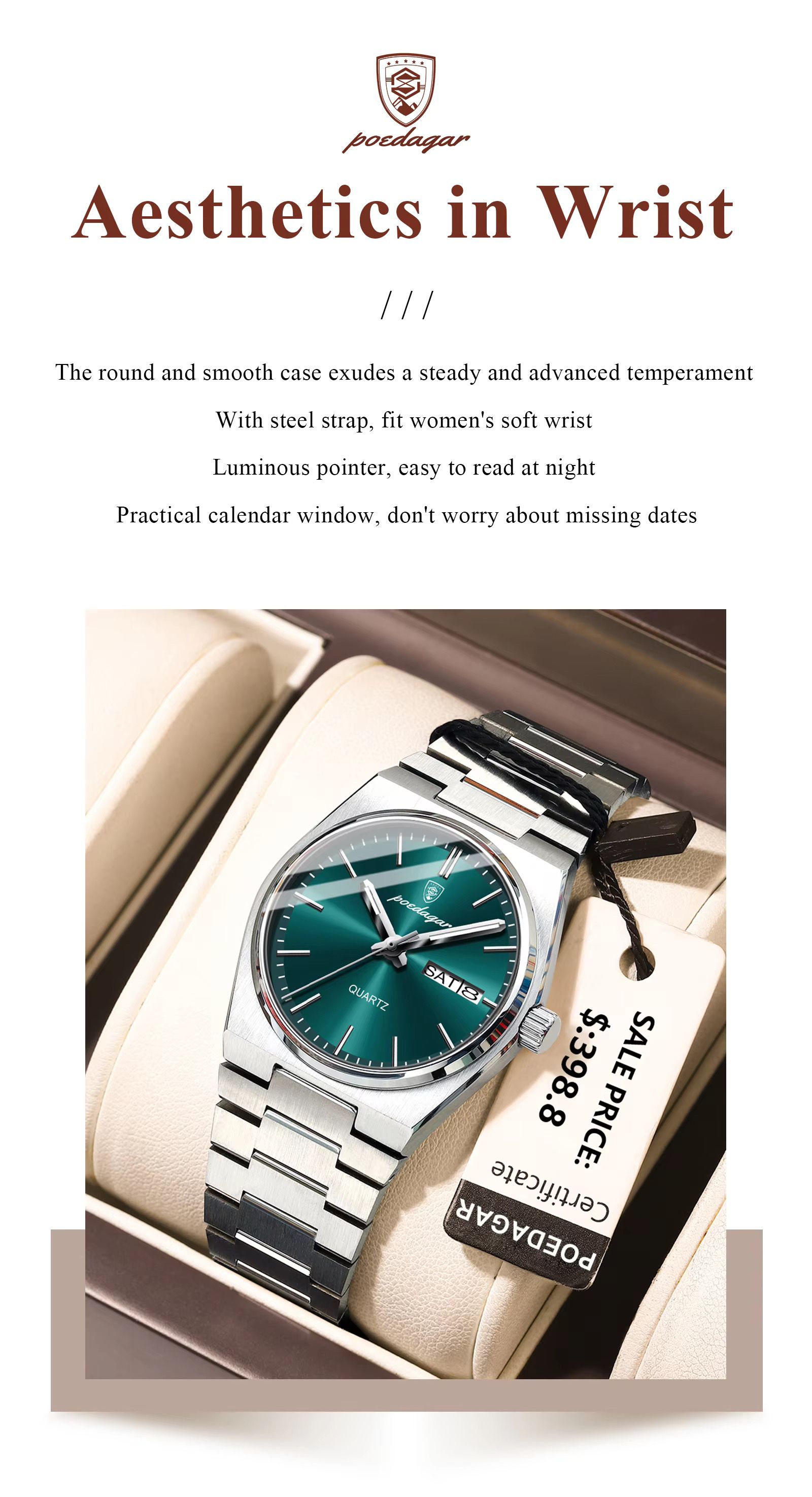 POEDAGAR 786 Ladies Elegant Quartz Watch Waterproof Luminous Luxury Watch Woman Date Week Stainless Steel Women's Watches Clock