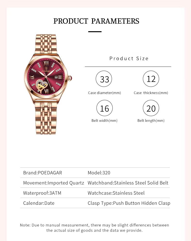 POEDAGAR 320 Fashion Rose Gold Stainless Stain Steel Ladies Watch Women Watch Waterproof Quartz Wristwatch Romantic for Gift