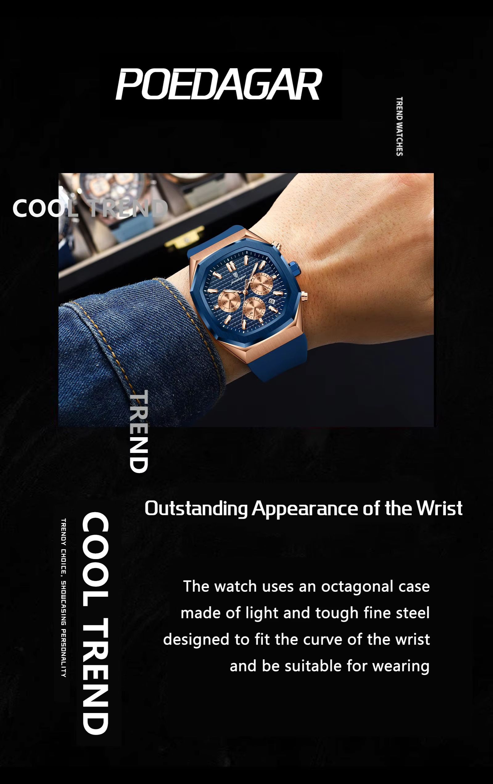 POEDAGAR 893 Luxury Watch Male Soft Silicone Strap Sports Man Wrist Waterproof Luminous Chronograph Date Quartz Men's Watches