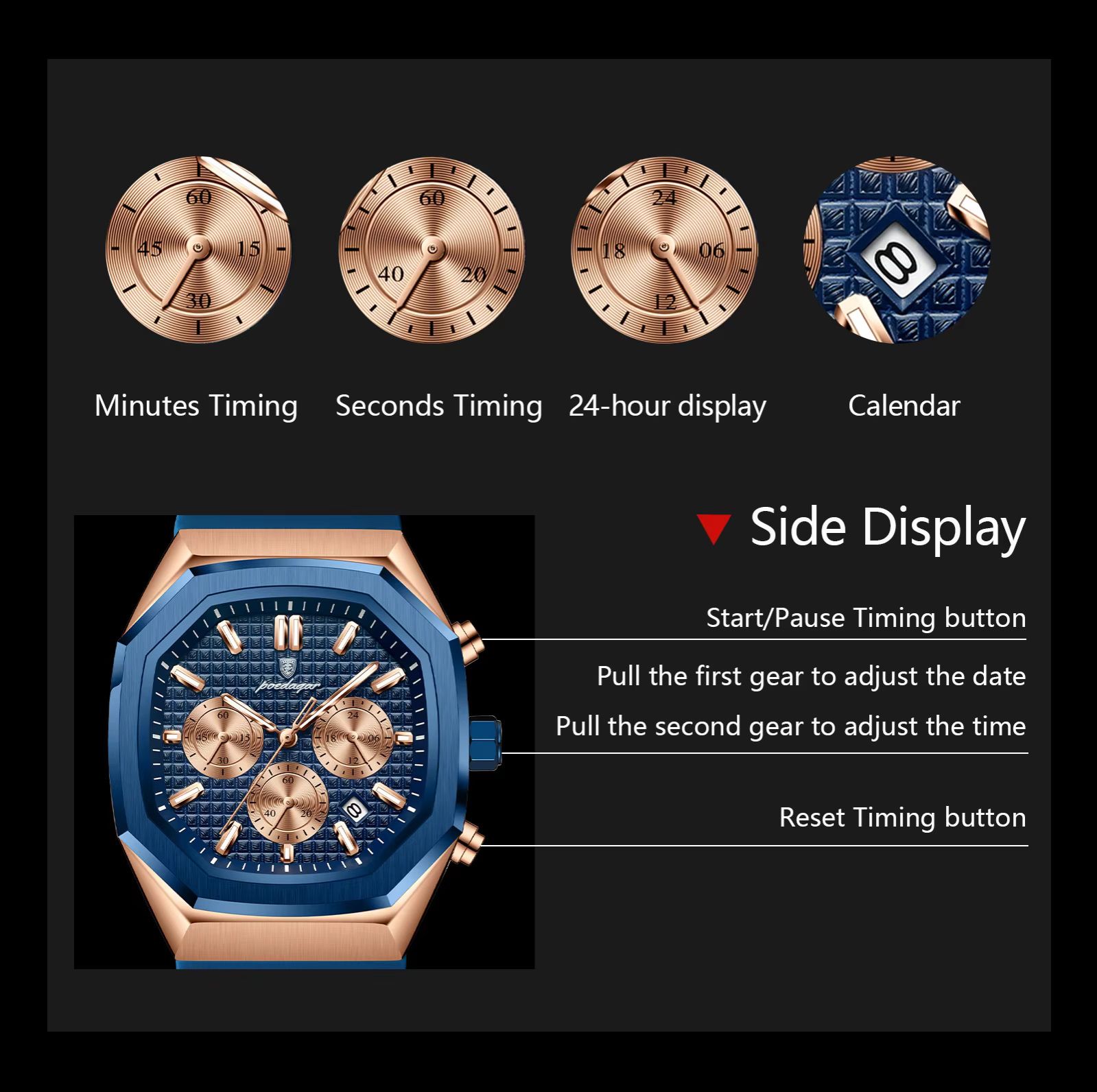 POEDAGAR 893 Luxury Watch Male Soft Silicone Strap Sports Man Wrist Waterproof Luminous Chronograph Date Quartz Men's Watches