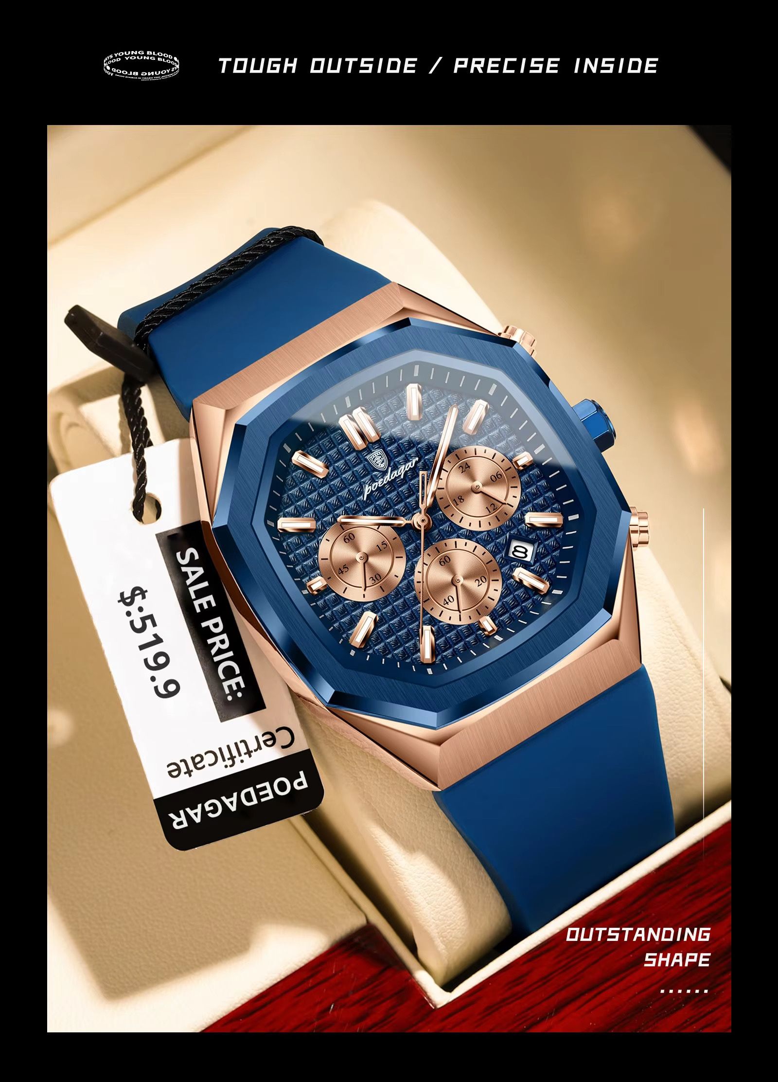 POEDAGAR 893 Luxury Watch Male Soft Silicone Strap Sports Man Wrist Waterproof Luminous Chronograph Date Quartz Men's Watches