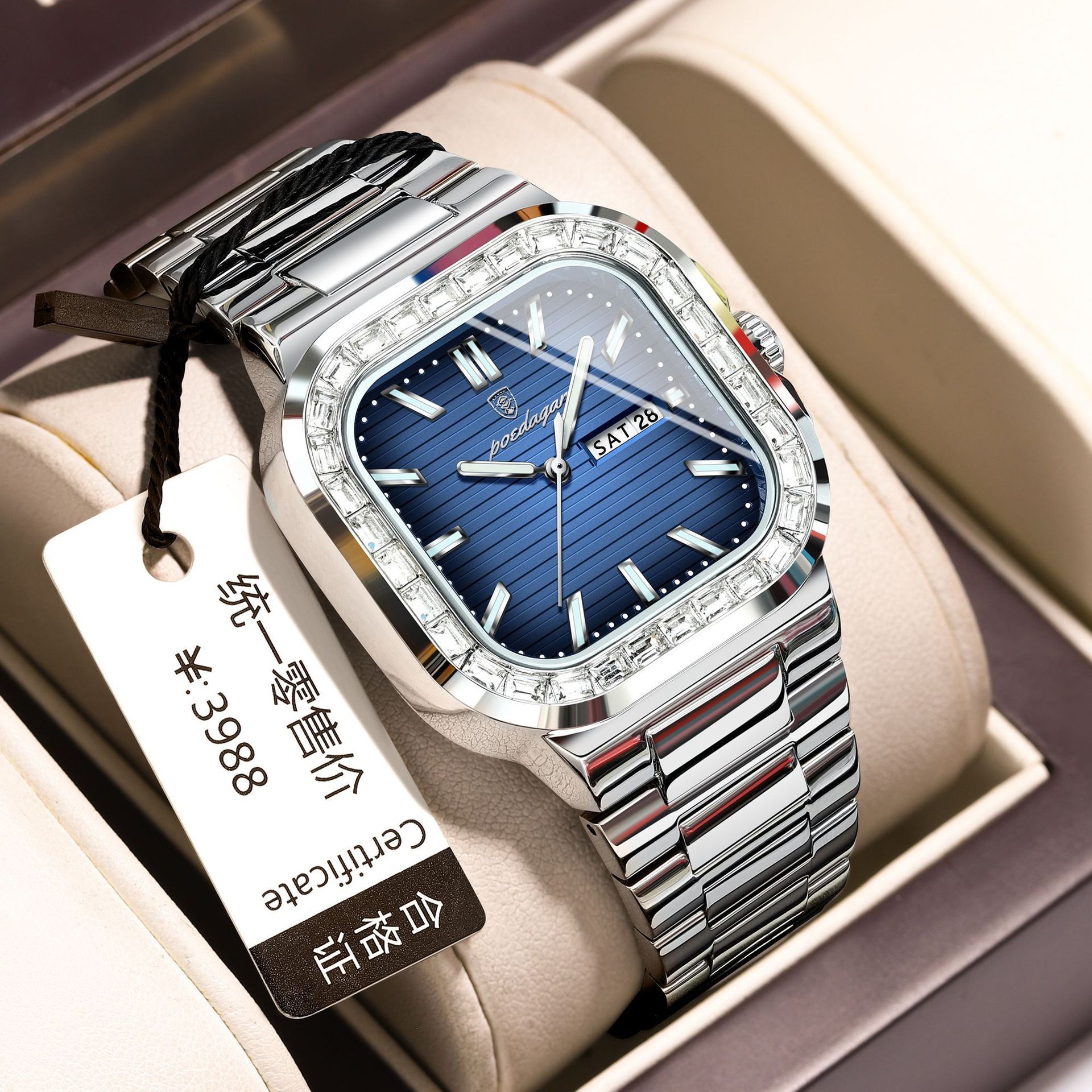 POEDAGAR 975 Watch for Man Waterproof Luminous Date Sport Man Wristwatch Stainless Steel Diamond Men's Watches