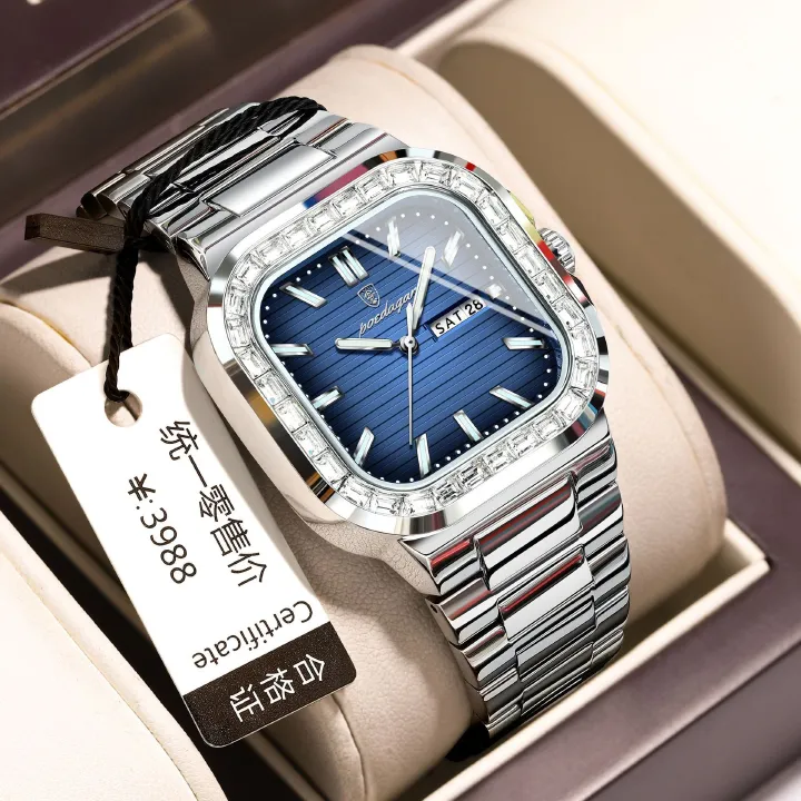 POEDAGAR 975 Watch for Man Waterproof Luminous Date Sport Man Wristwatch Stainless Steel Diamond Men's Watches