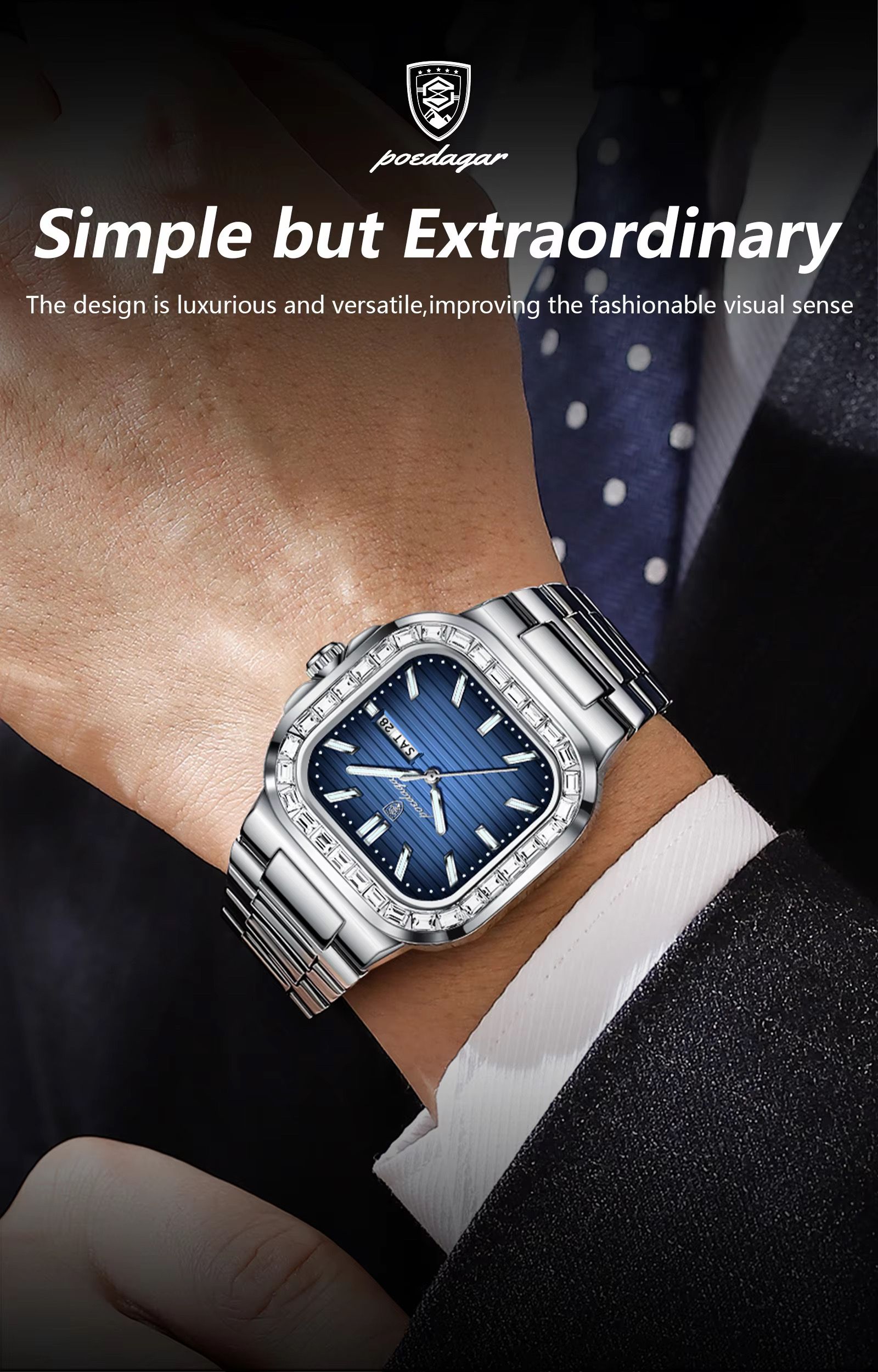POEDAGAR 975 Watch for Man Waterproof Luminous Date Sport Man Wristwatch Stainless Steel Diamond Men's Watches